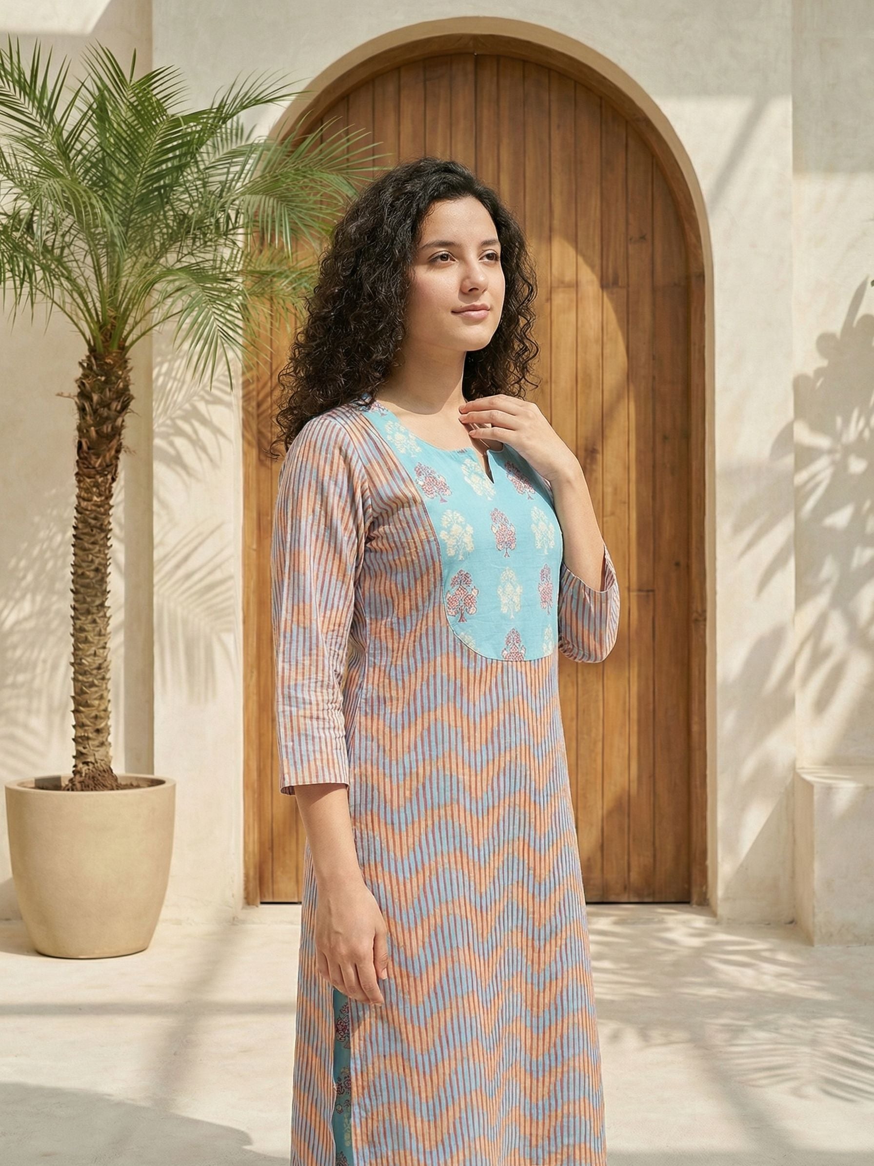 Women printed soft silk tunic with trousers