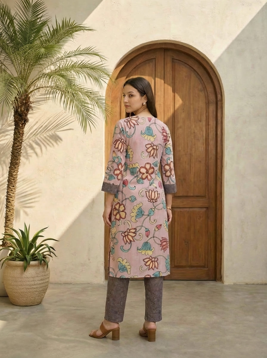Women red printed cotton kurta co-ord set with trousers