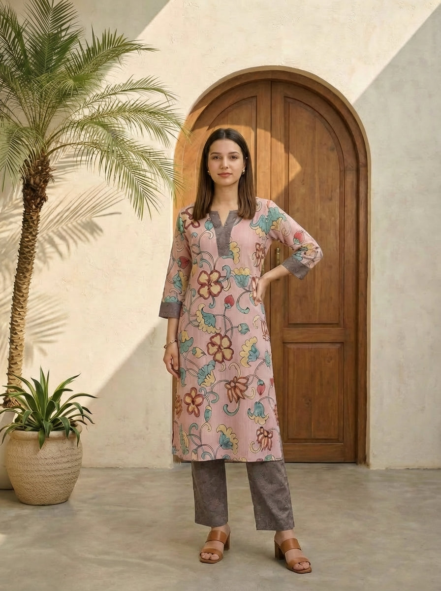 Women red printed cotton kurta co-ord set with trousers