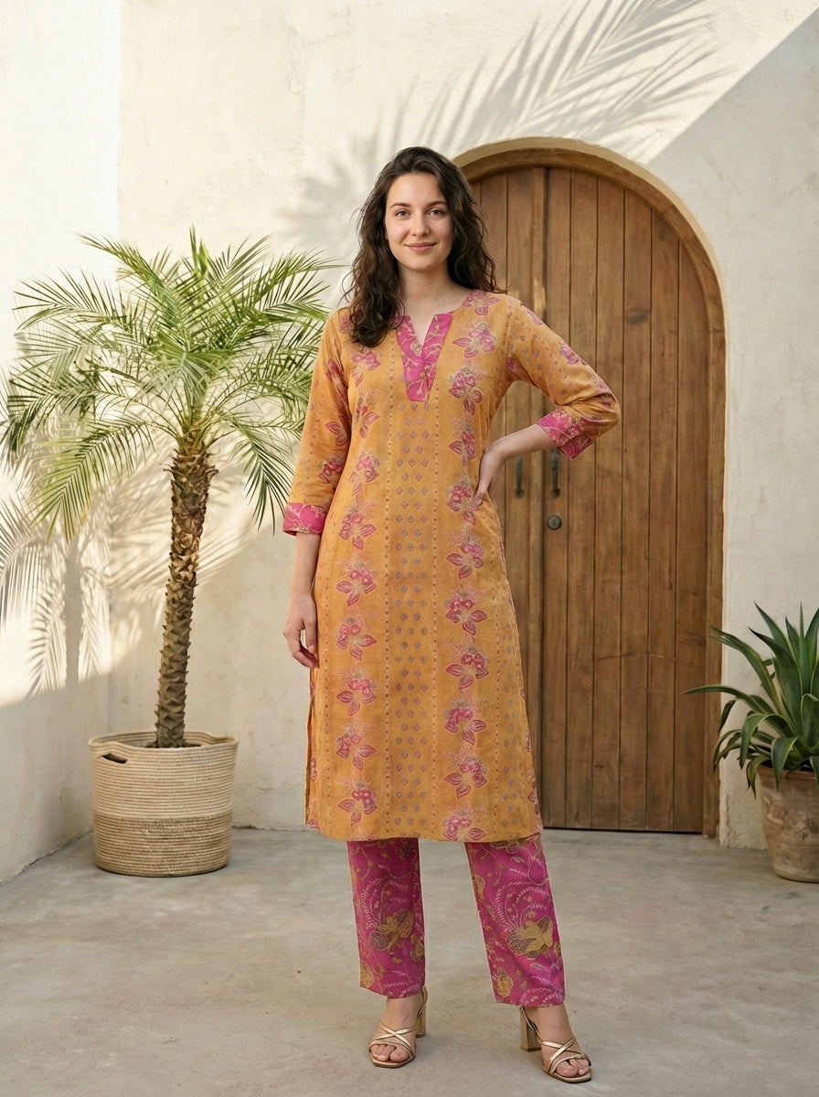 Women yellow floral printed linen kurta co-ord set with trousers