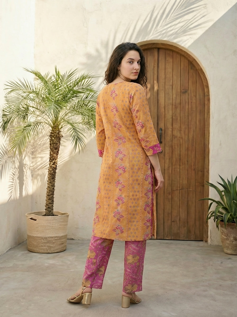 Women yellow floral printed linen kurta co-ord set with trousers