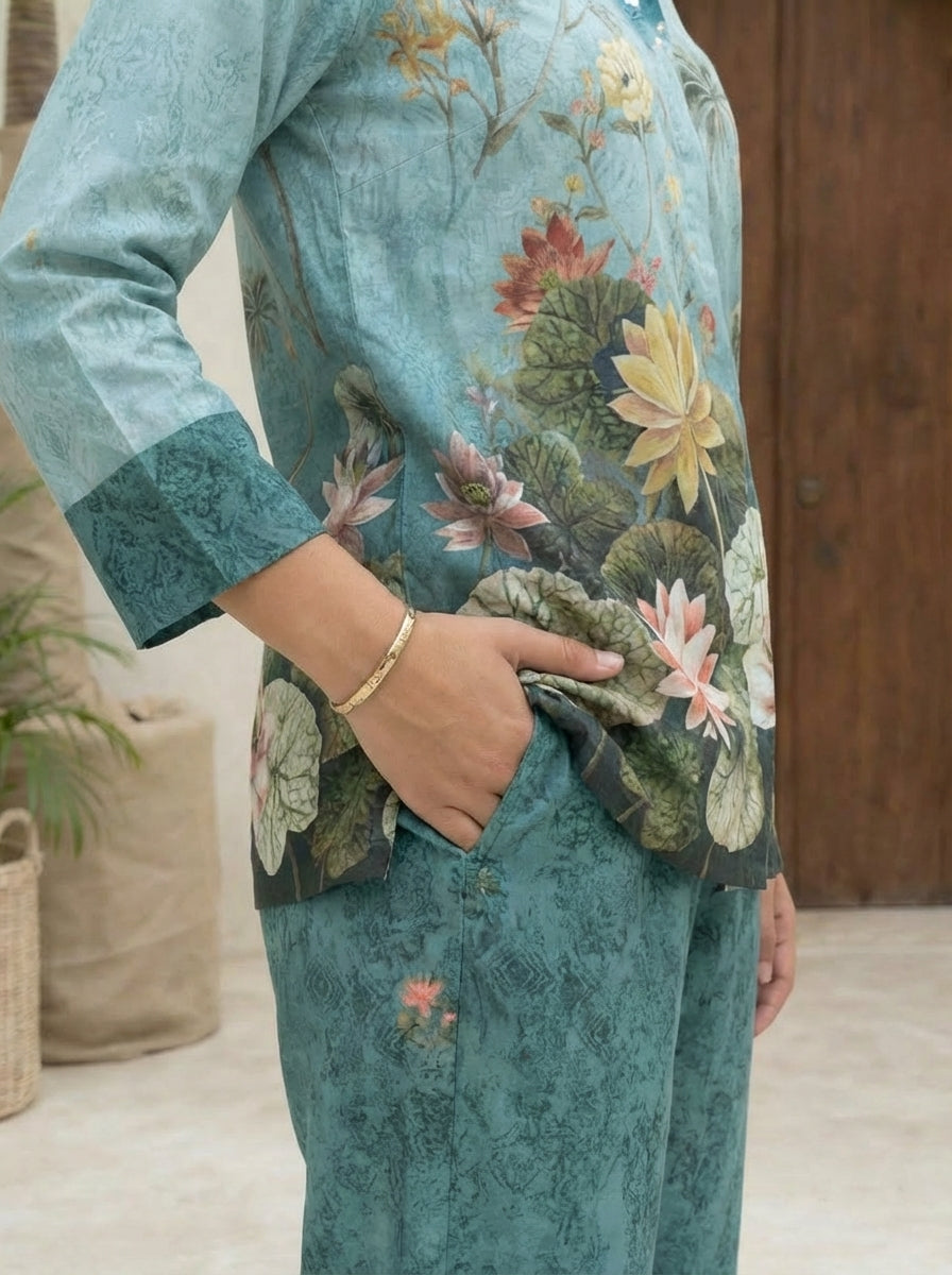 Women yellow floral printed linen kurta co-ord set with trousers