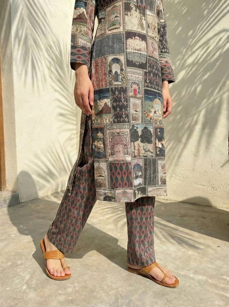 Women floral printed soft silk kurta with trousers