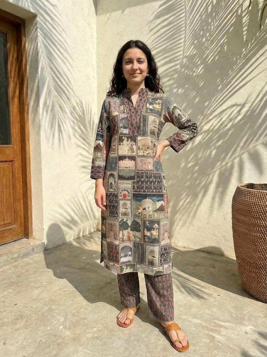 Women floral printed soft silk kurta with trousers
