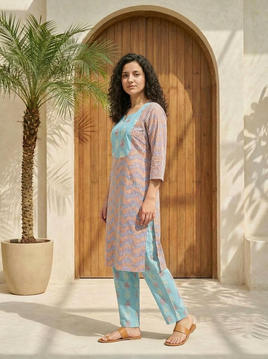 Women printed soft silk tunic with trousers