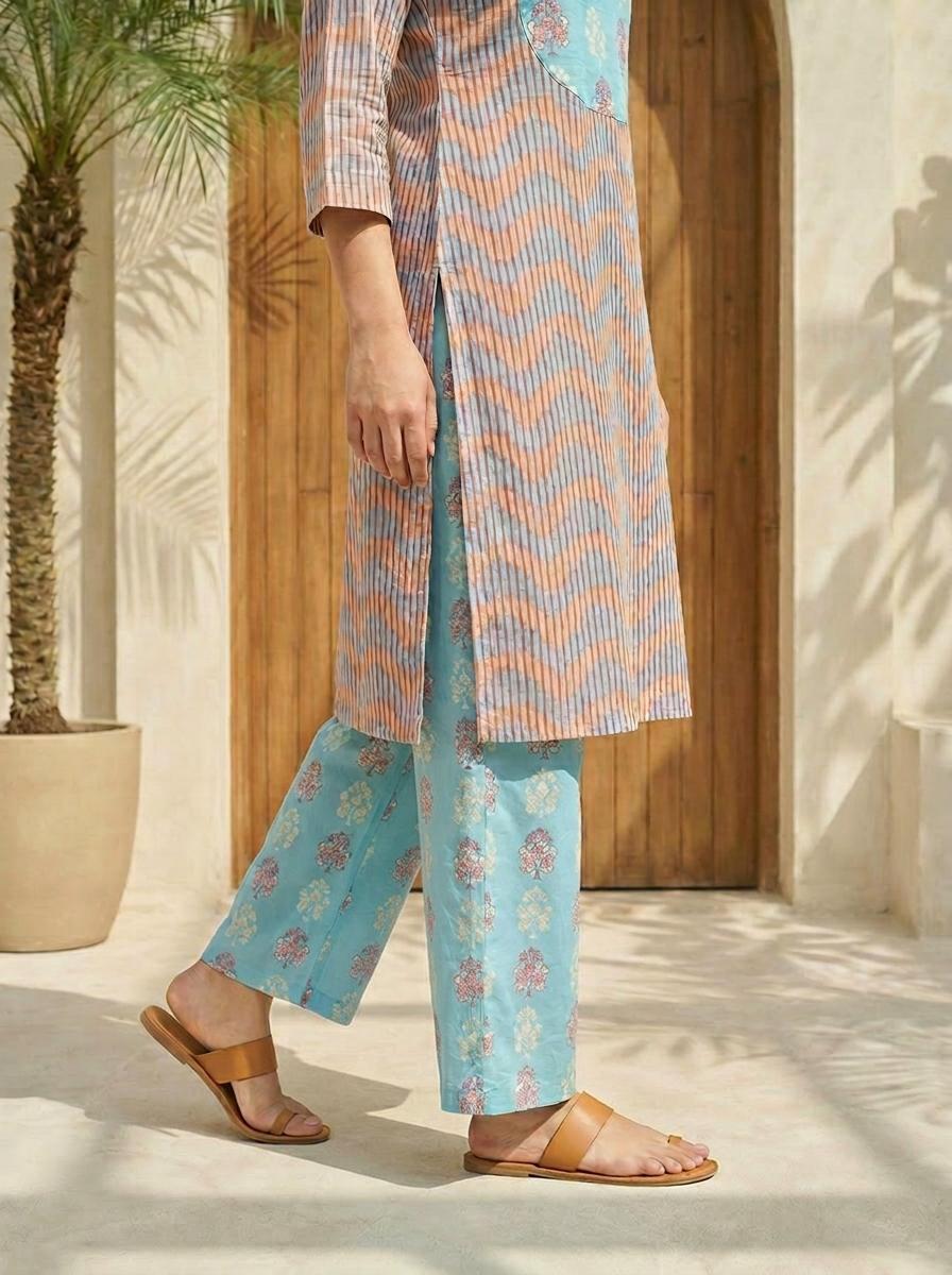 Women printed soft silk tunic with trousers