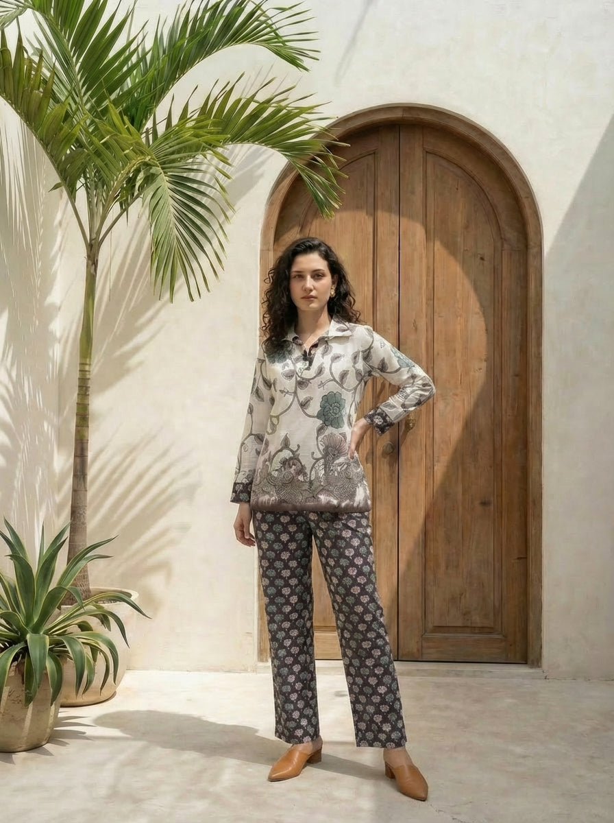 Women printed soft silk tunic with trousers