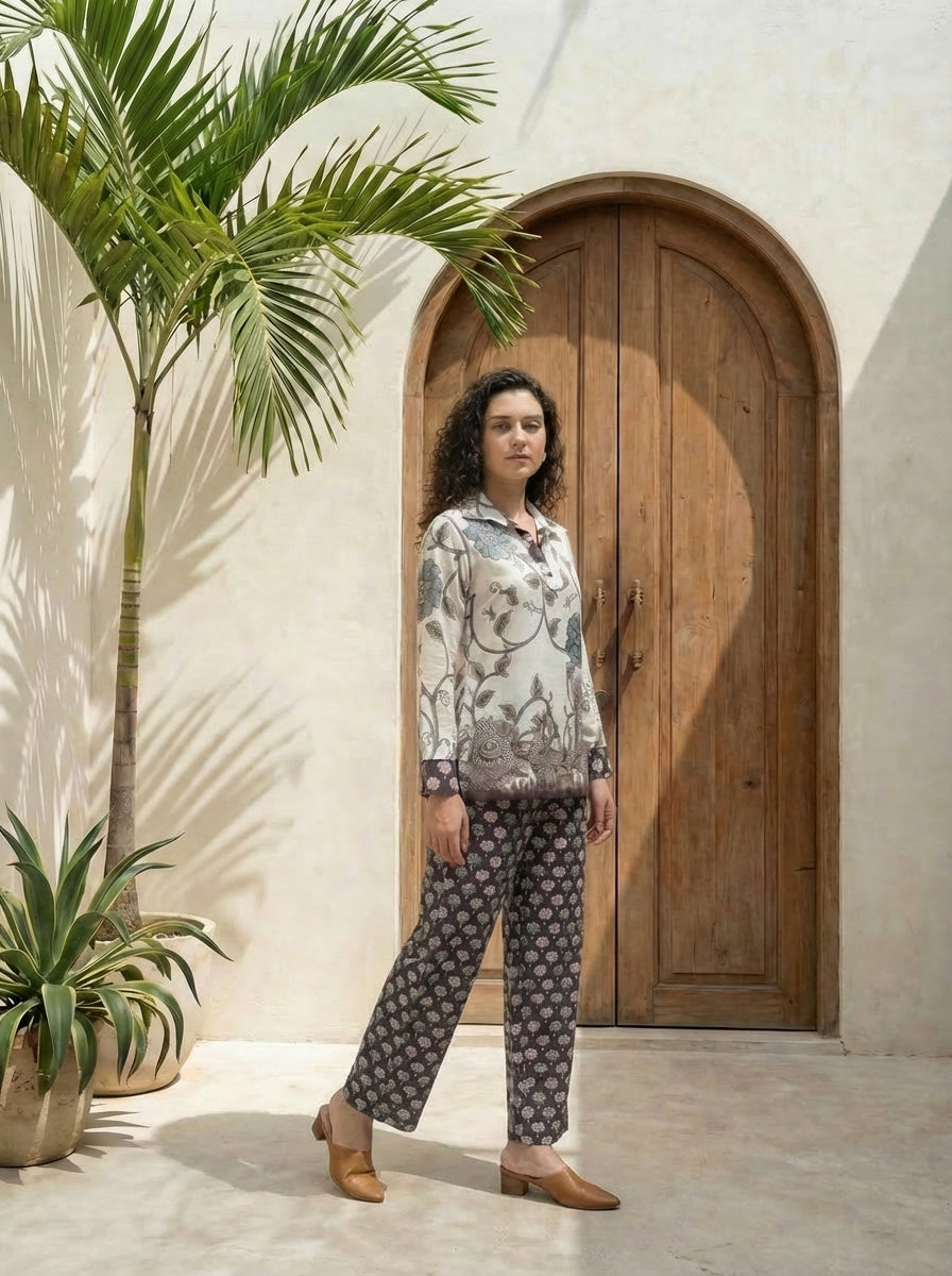 Women printed soft silk tunic with trousers
