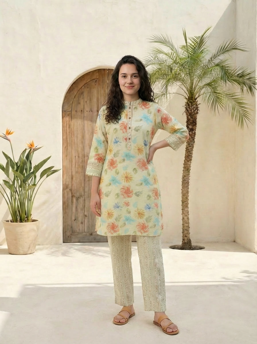 Women printed soft silk tunic with trousers