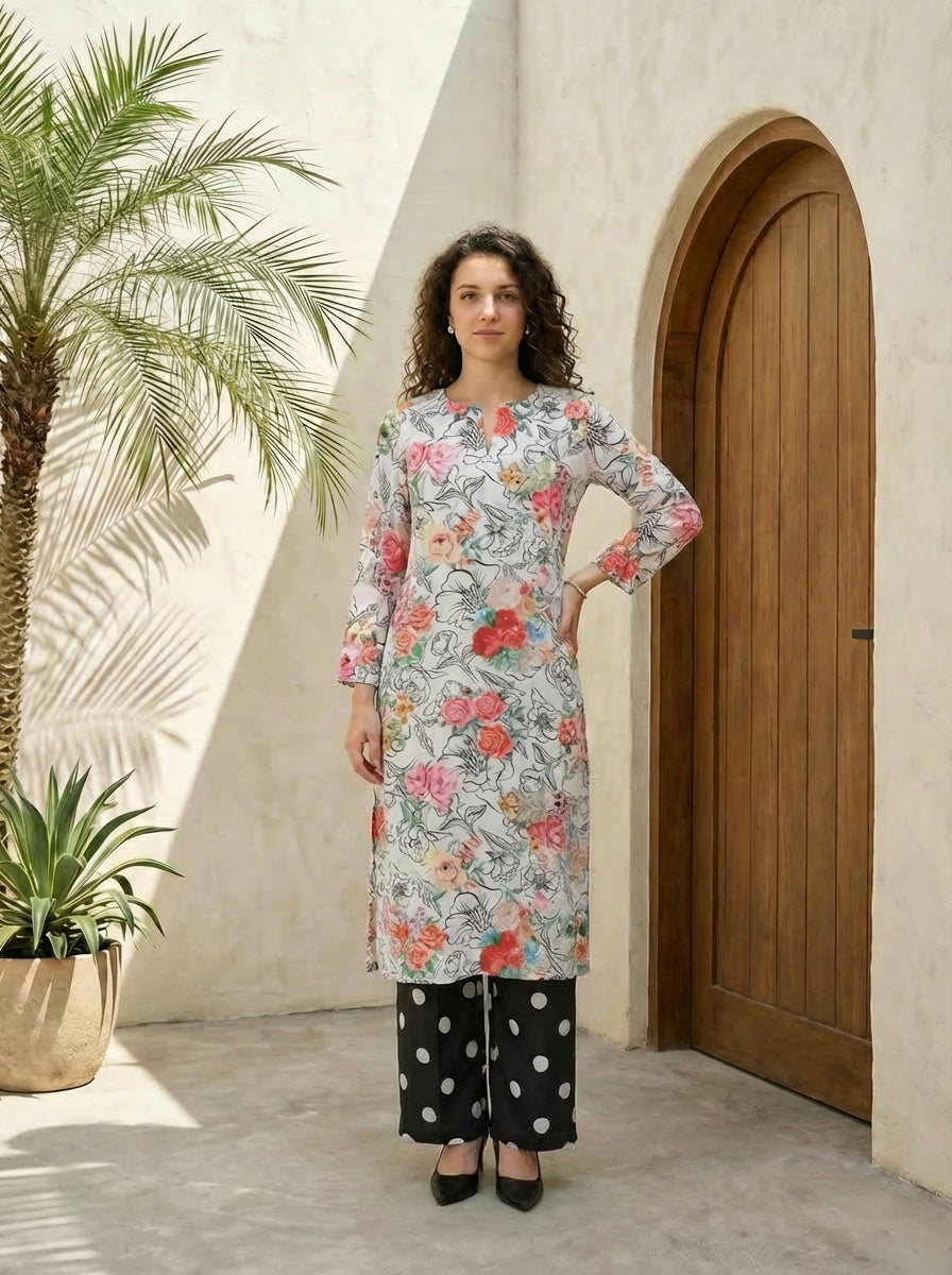 Women floral printed cotton kurta with trousers