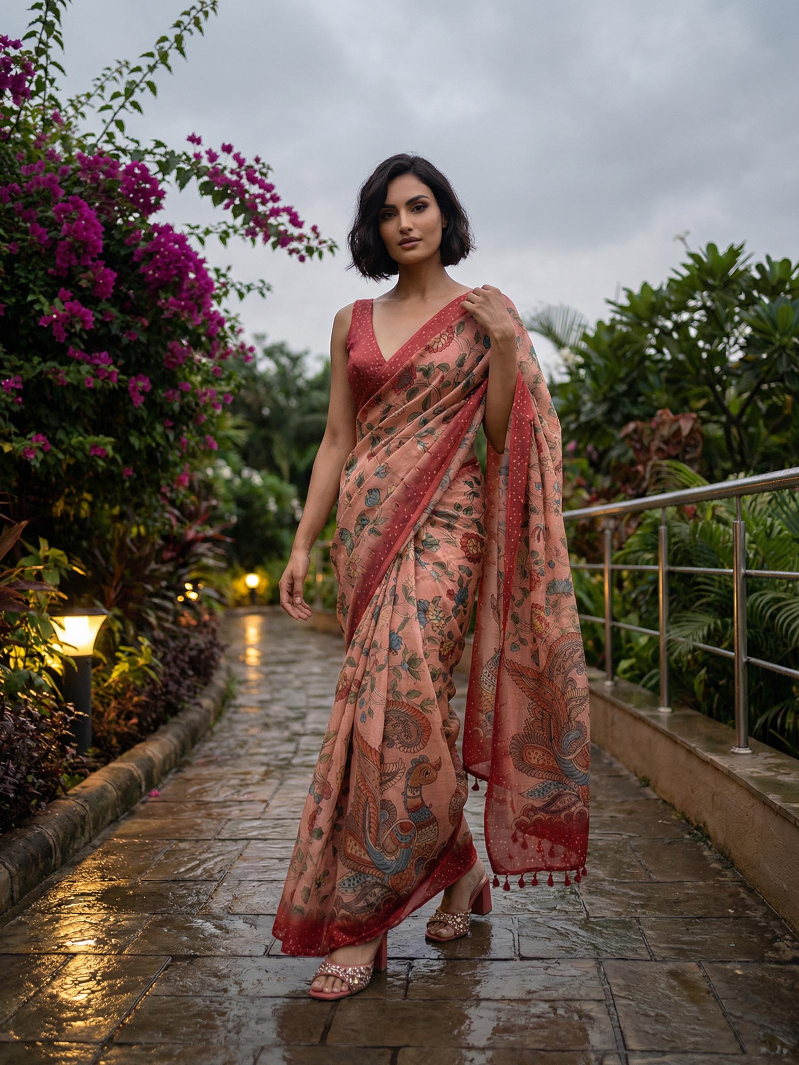 Peach Peacock Saree