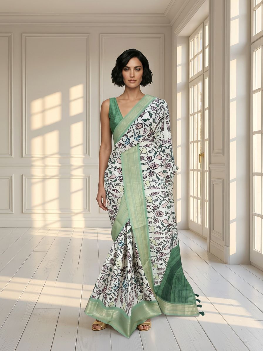 Floral White Saree
