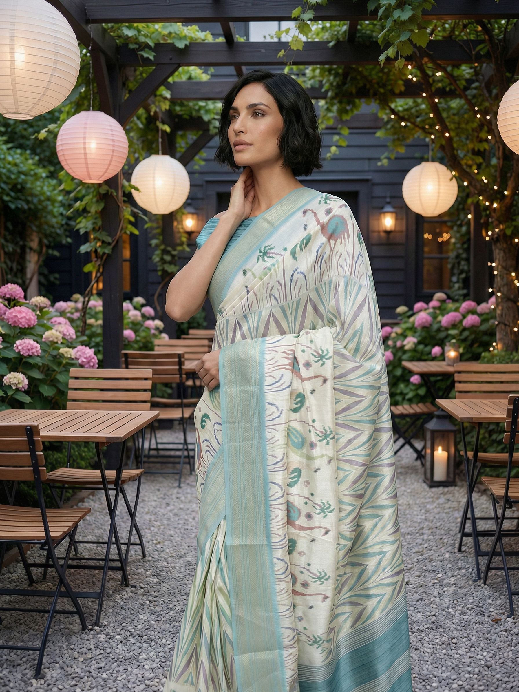 Ocean Blue and White Saree