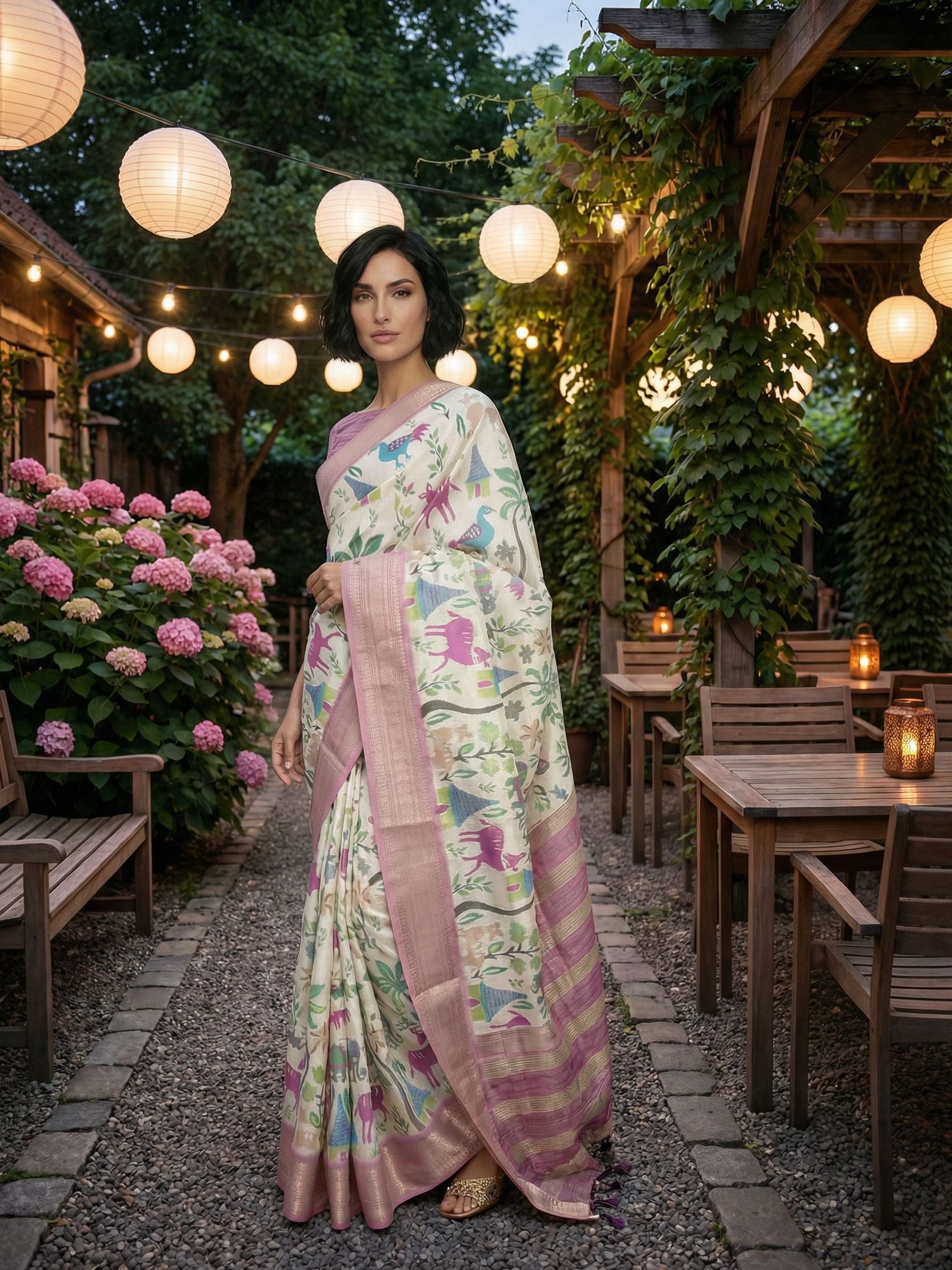 White Pink Floral Saree