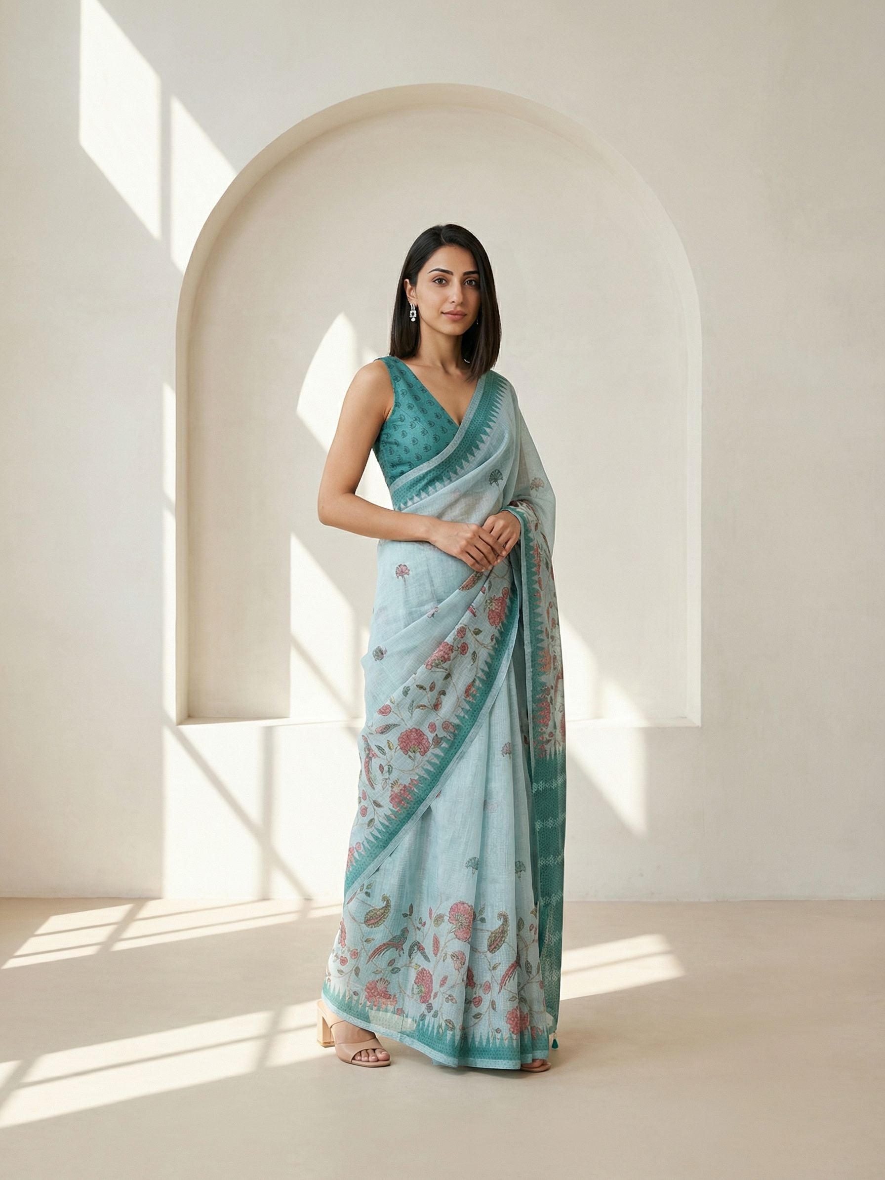 Floral Kota Linen Sea Green saree