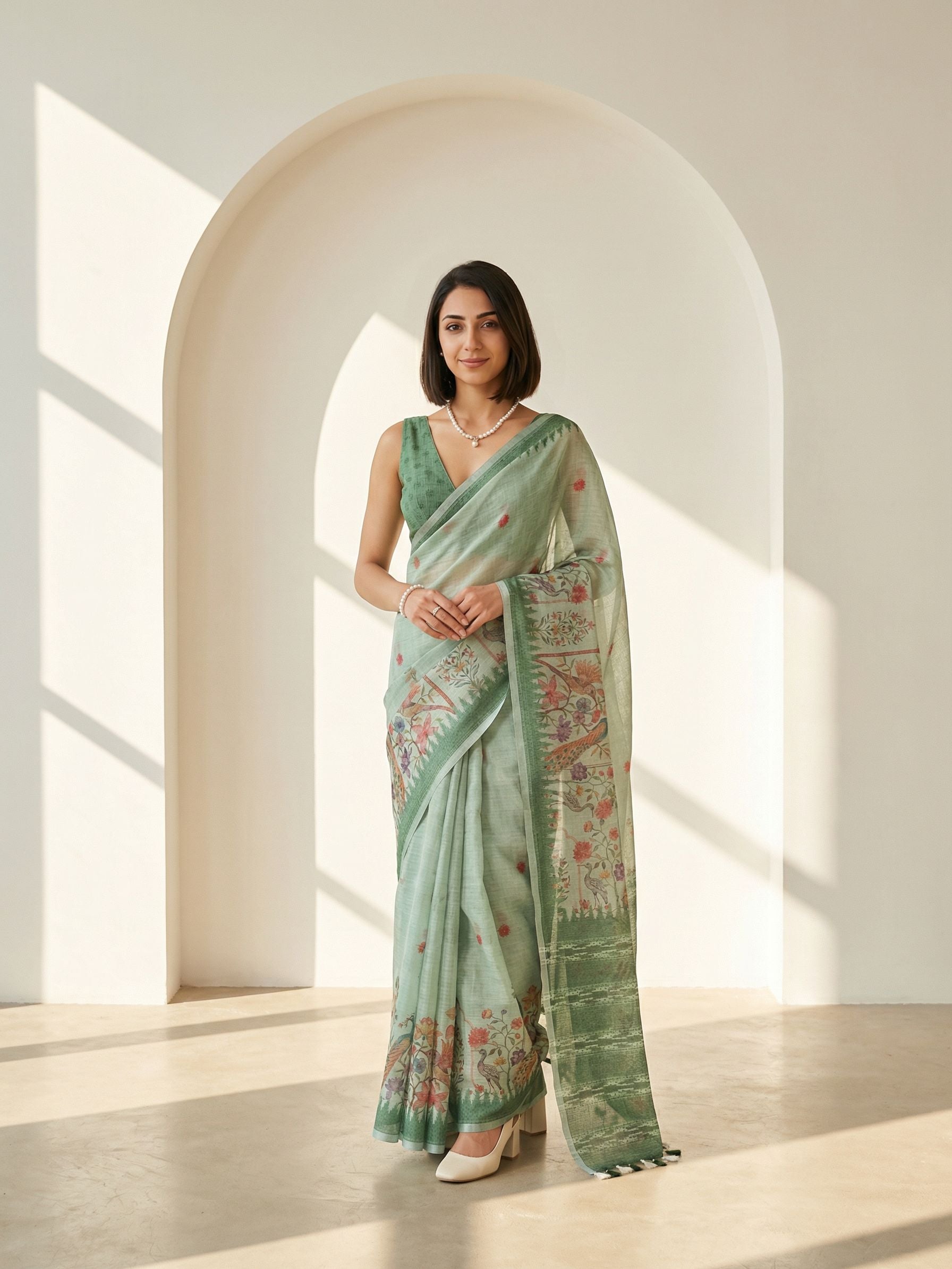 Ethnic Motifs Kota Linen Sage Green saree