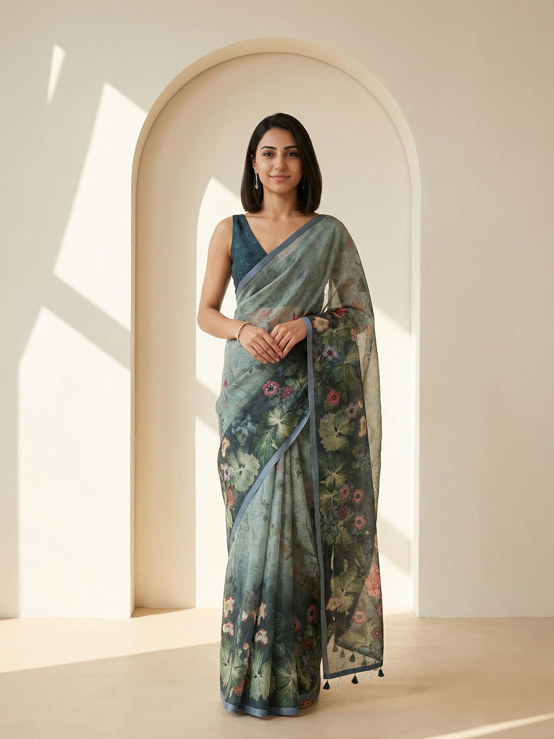 Floral Kota Linen Teal Green Saree