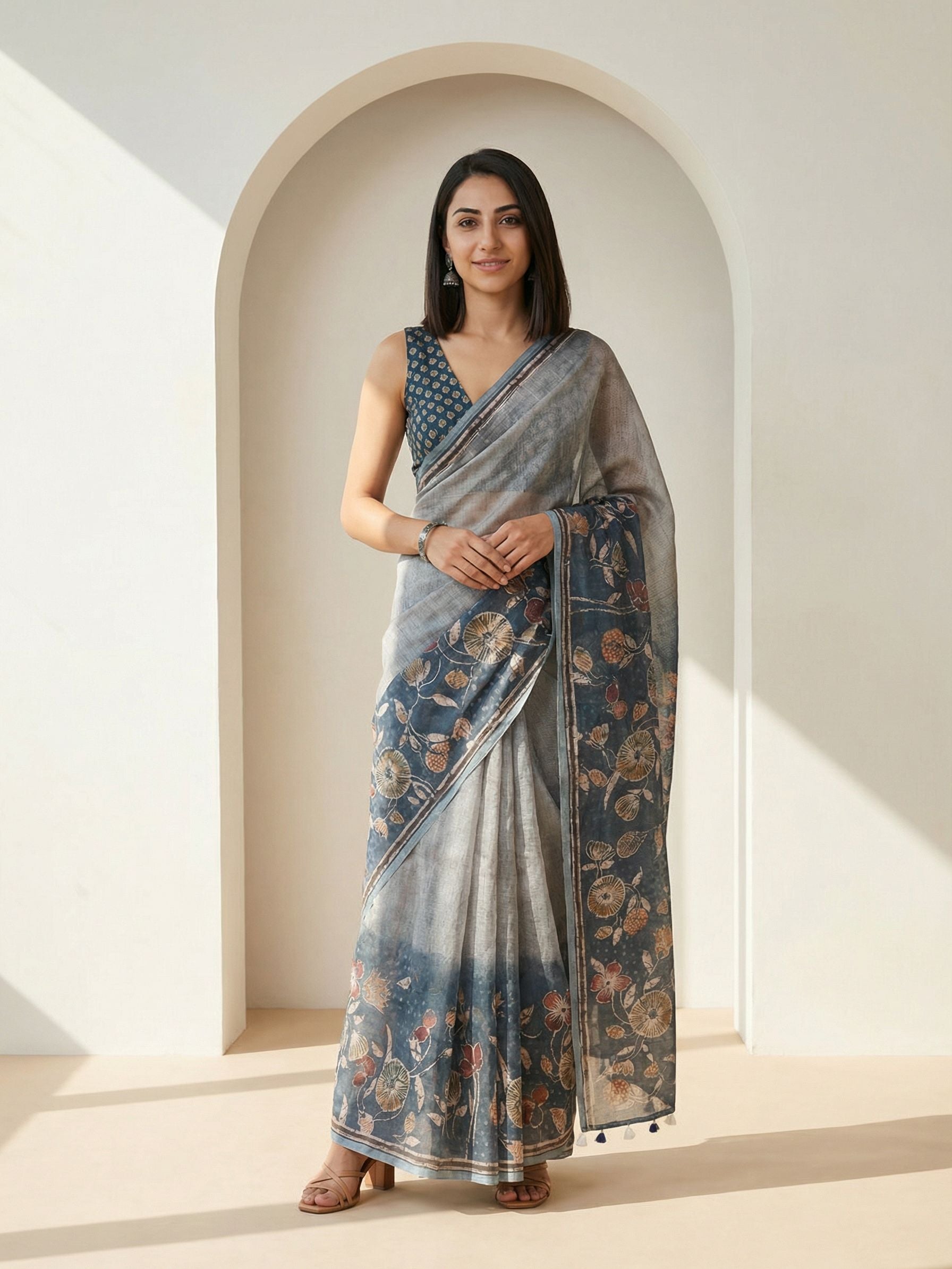 Floral Kota Linen Slate Blue Saree