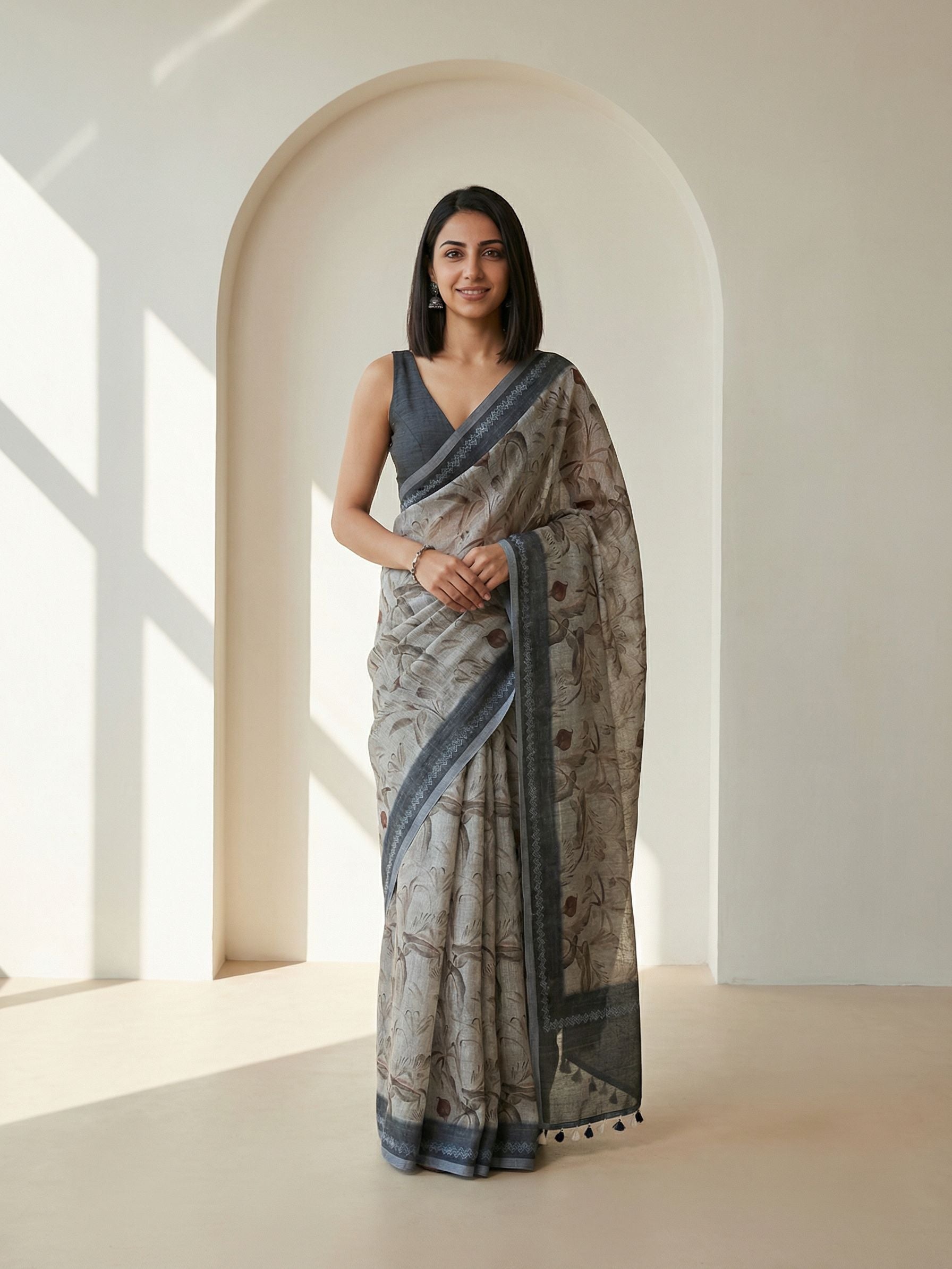 Floral Kota Linen Beige Saree