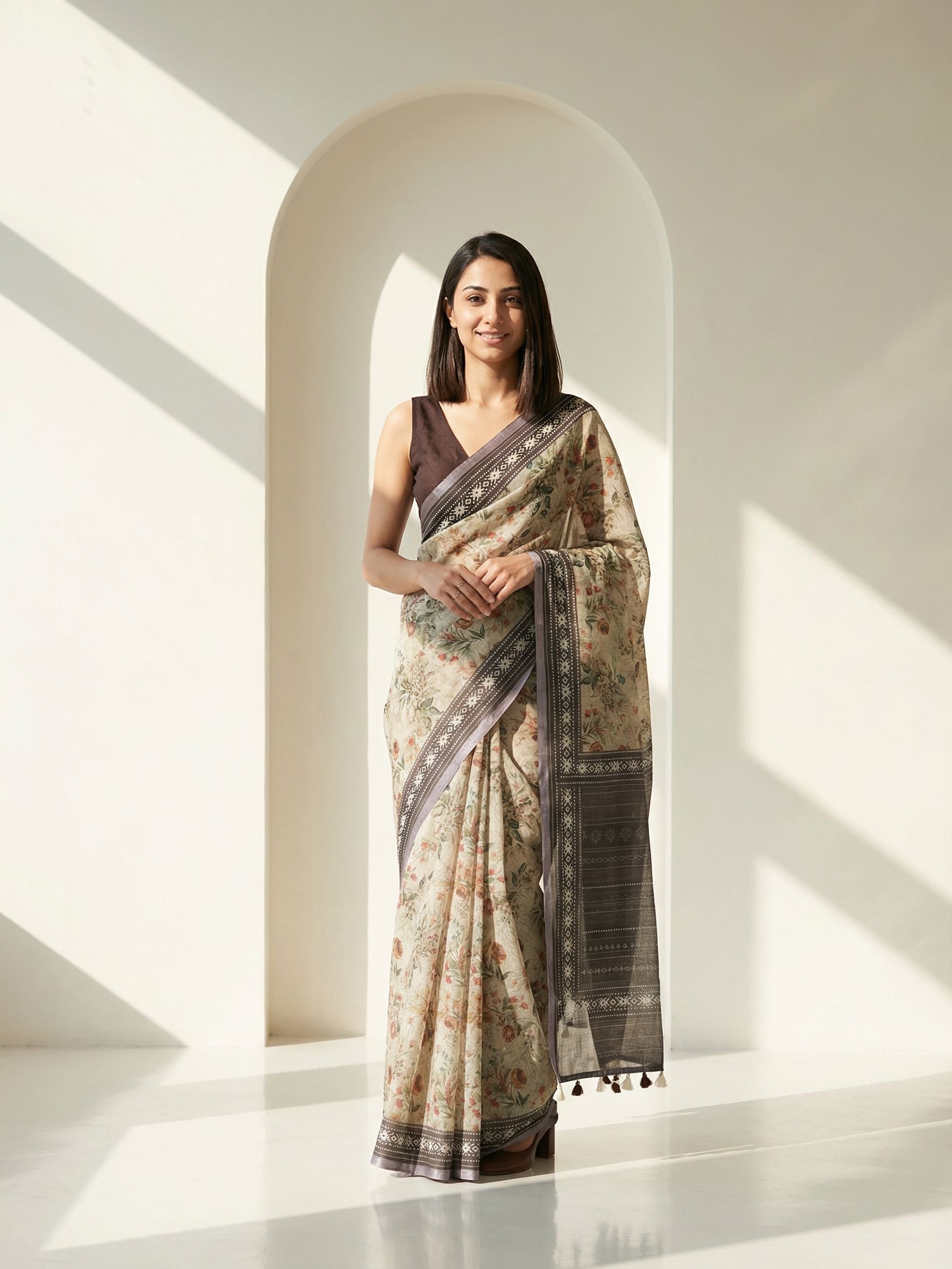 Floral Kota Linen Brown Saree