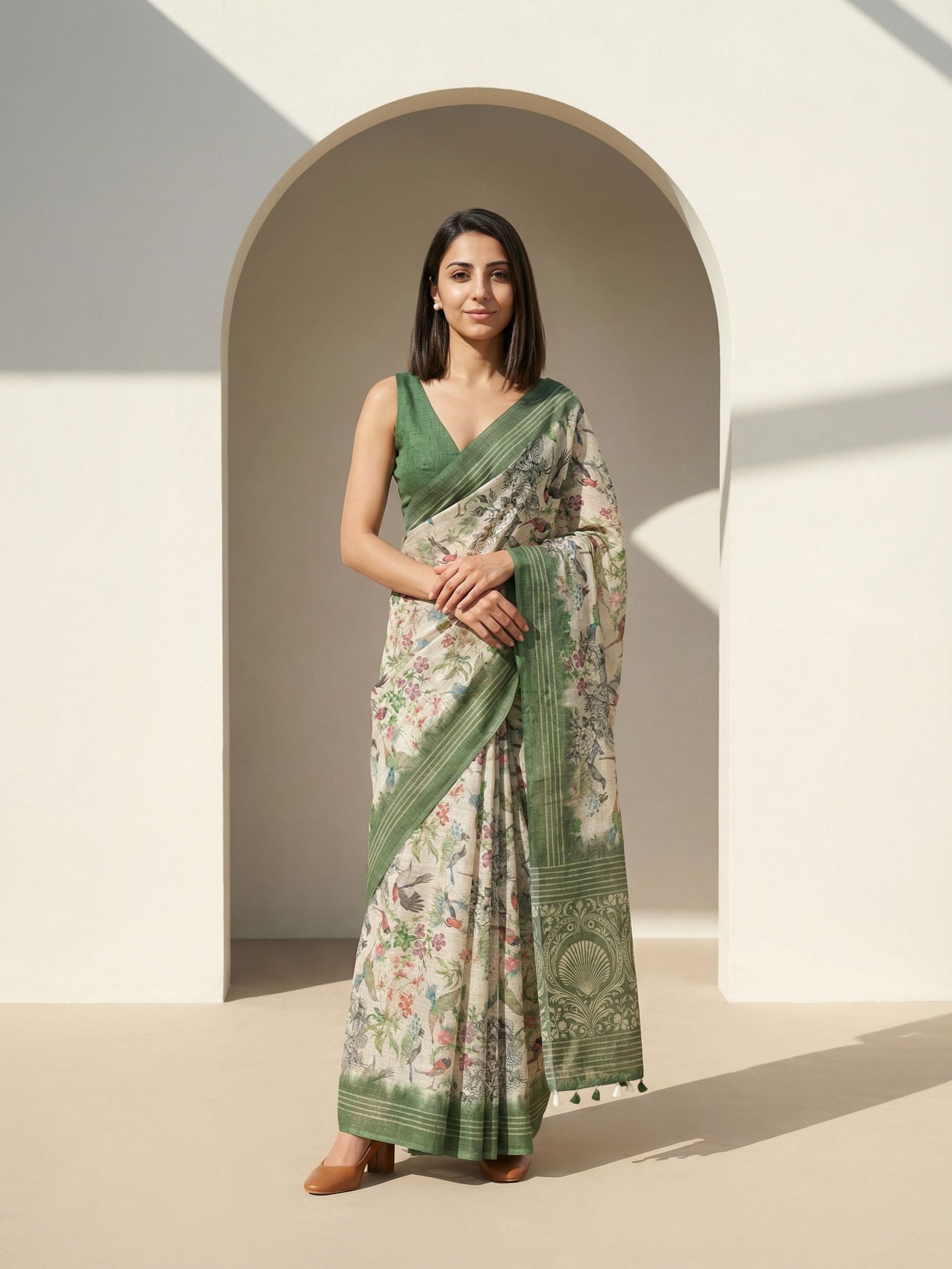 Floral Kota Linen Green Saree