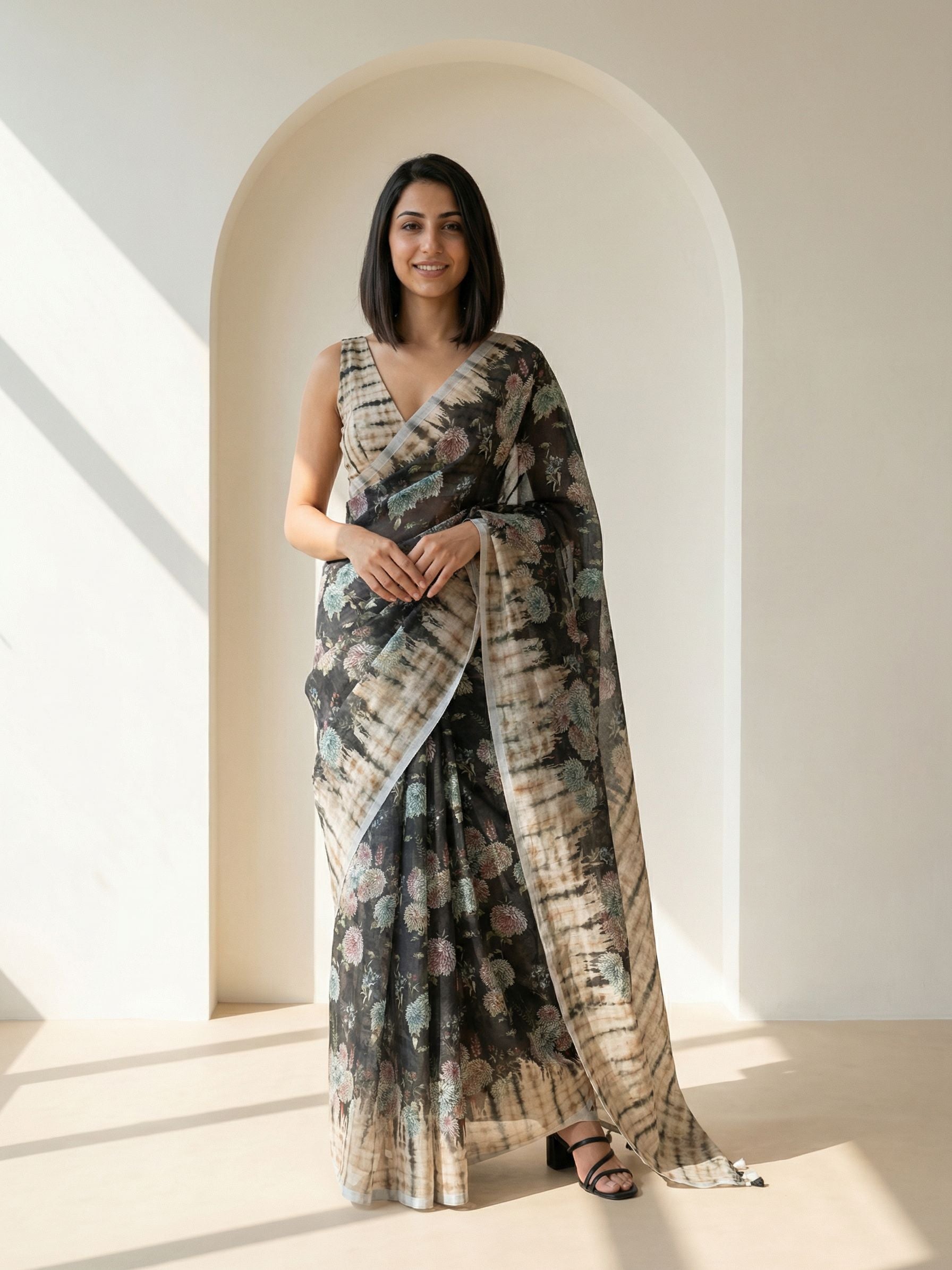 Floral Kota Linen Black Saree