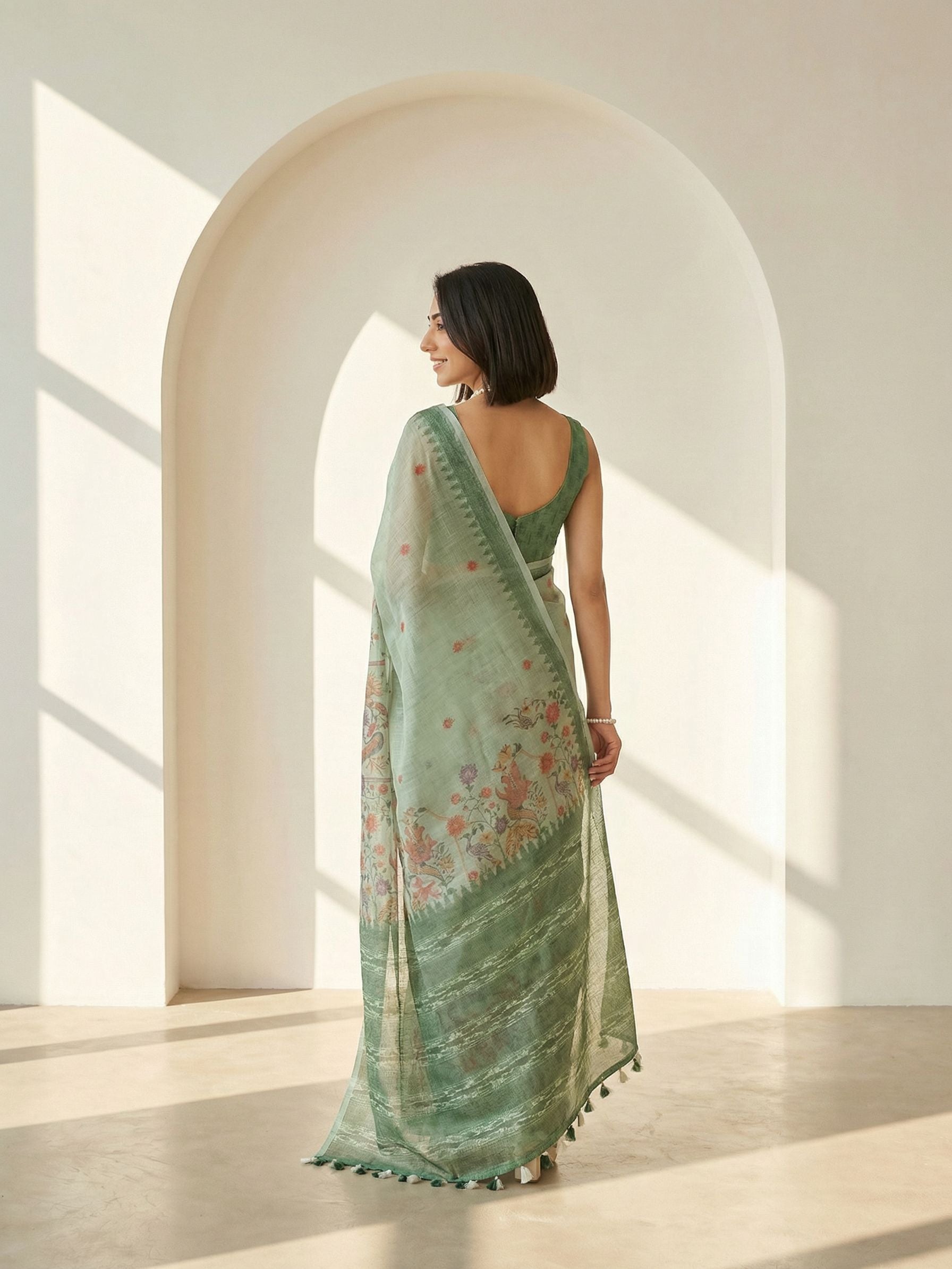 Ethnic Motifs Kota Linen Sage Green saree