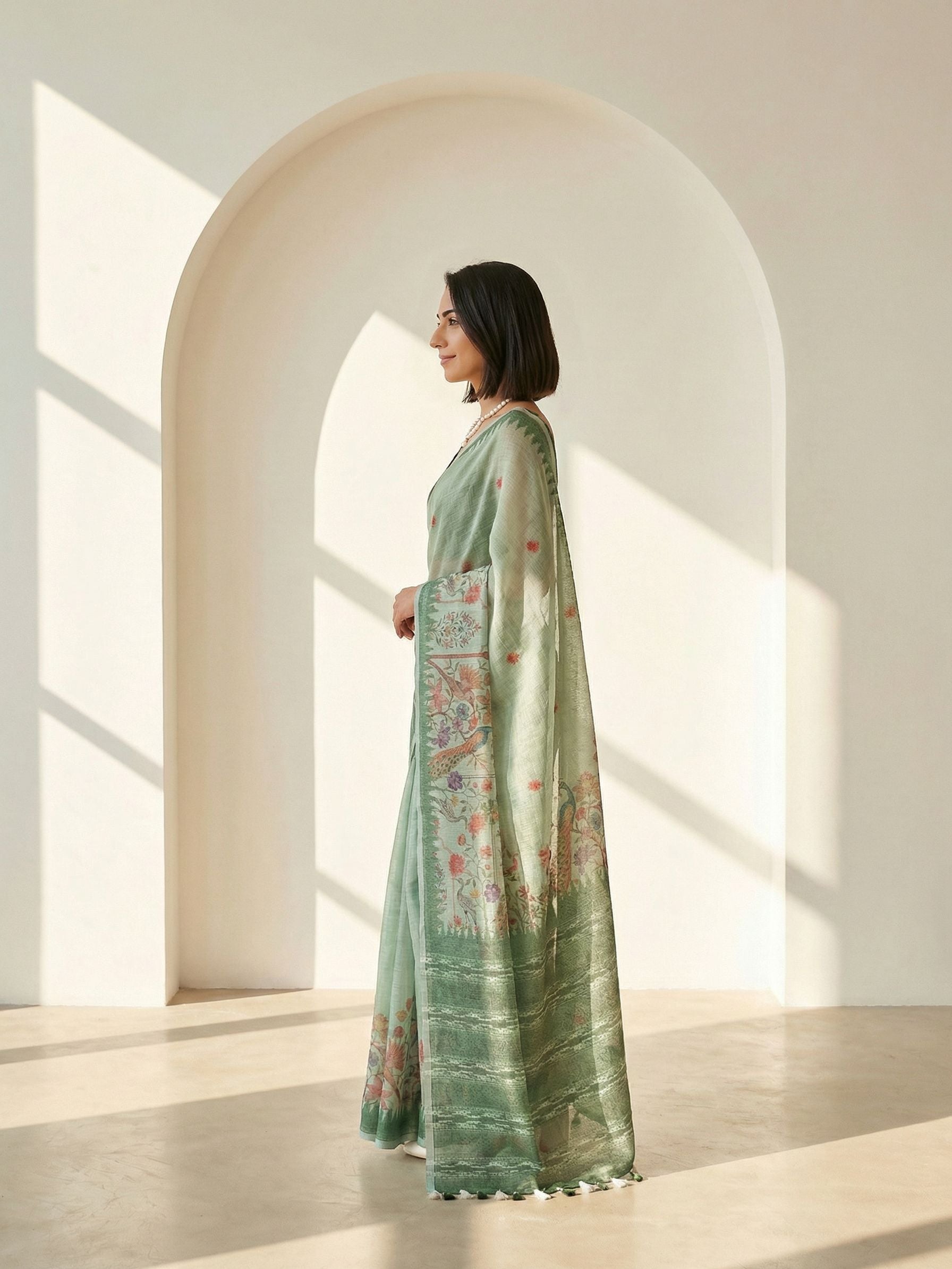 Ethnic Motifs Kota Linen Sage Green saree