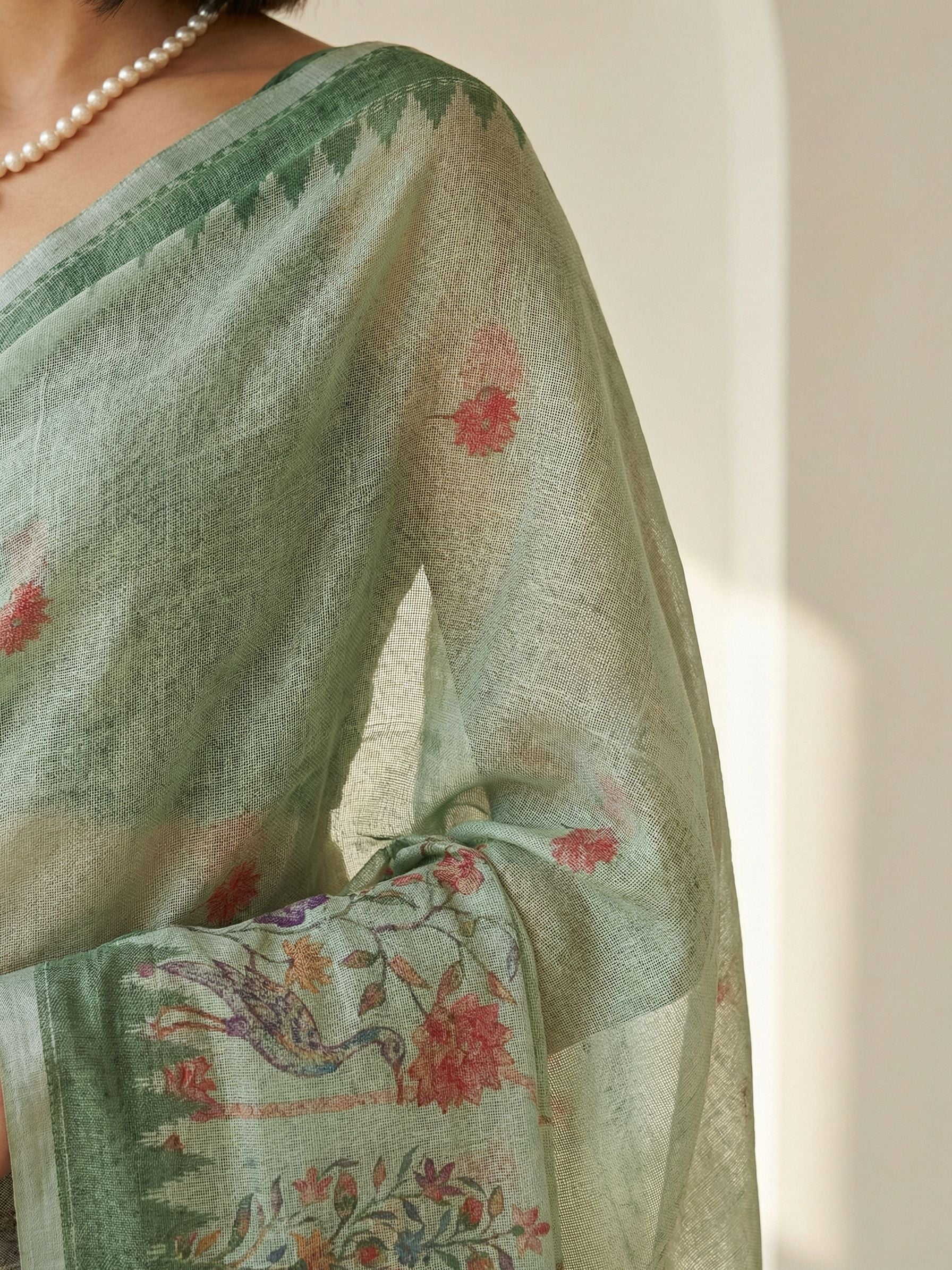 Ethnic Motifs Kota Linen Sage Green saree