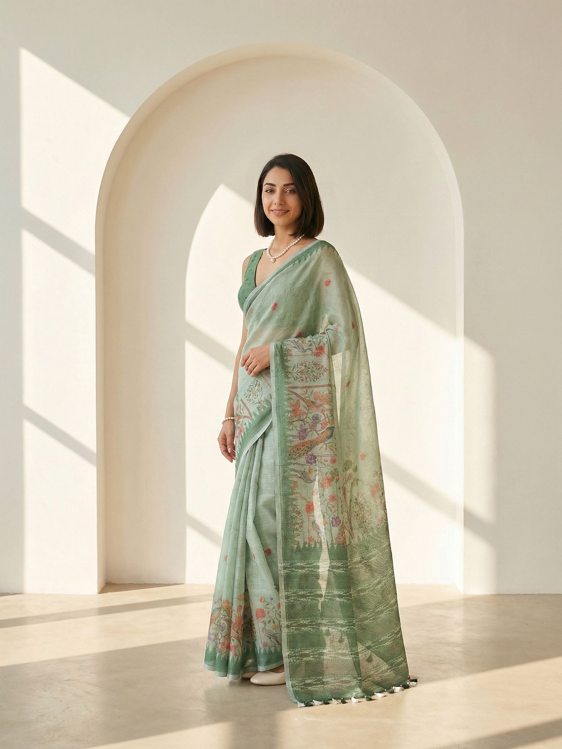 Ethnic Motifs Kota Linen Sage Green saree