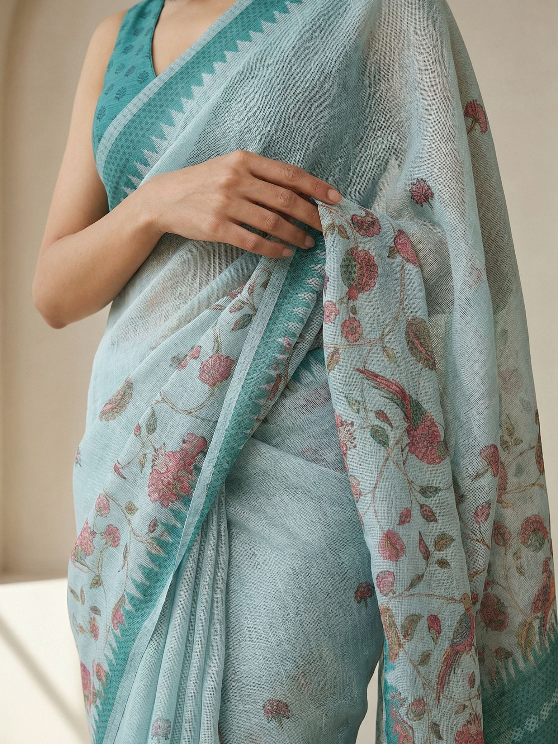 Floral Kota Linen Sea Green saree