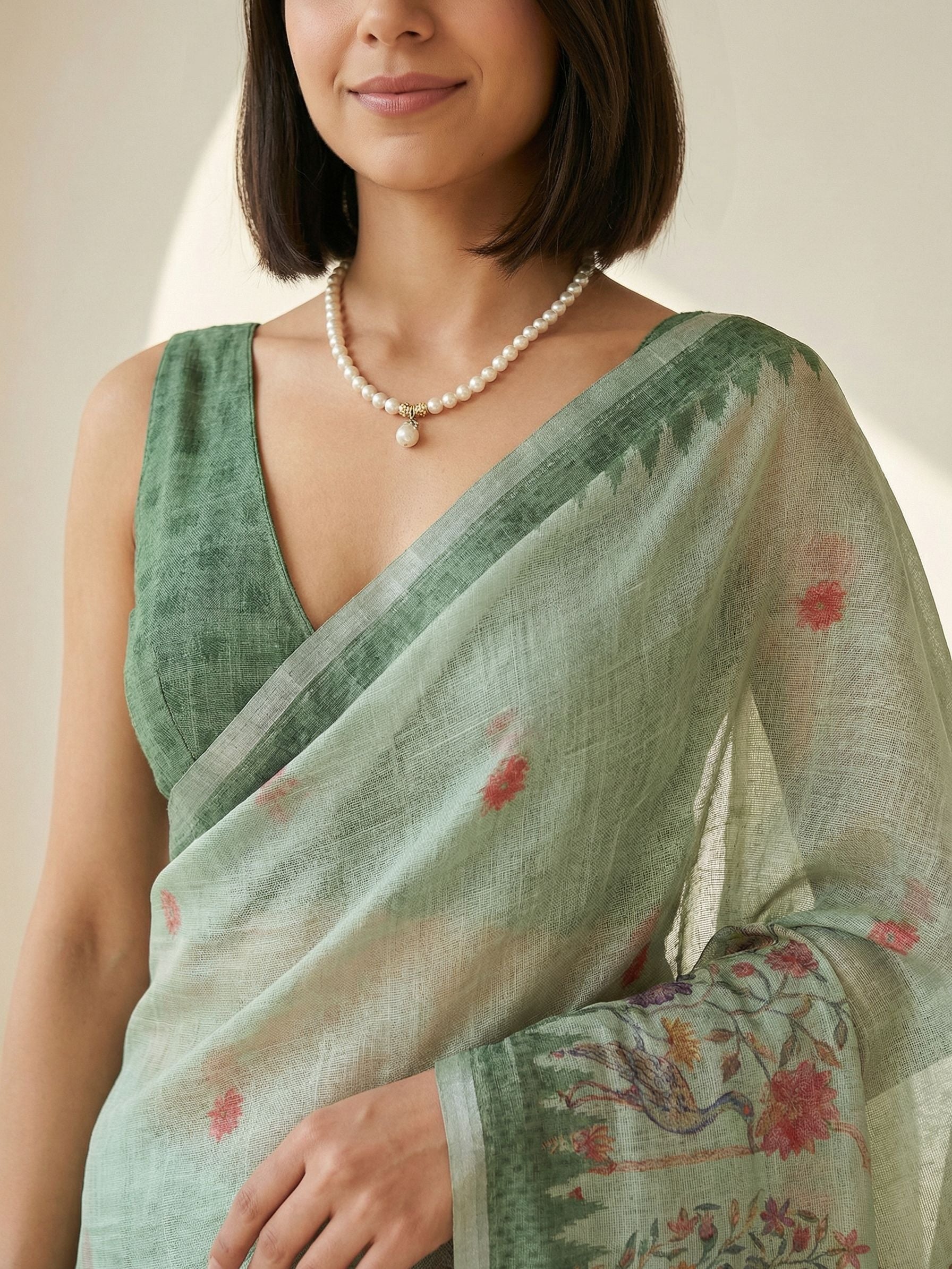 Ethnic Motifs Kota Linen Sage Green saree