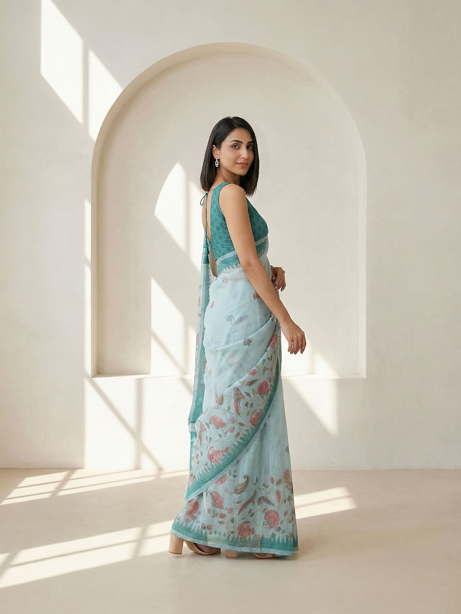 Floral Kota Linen Sea Green saree