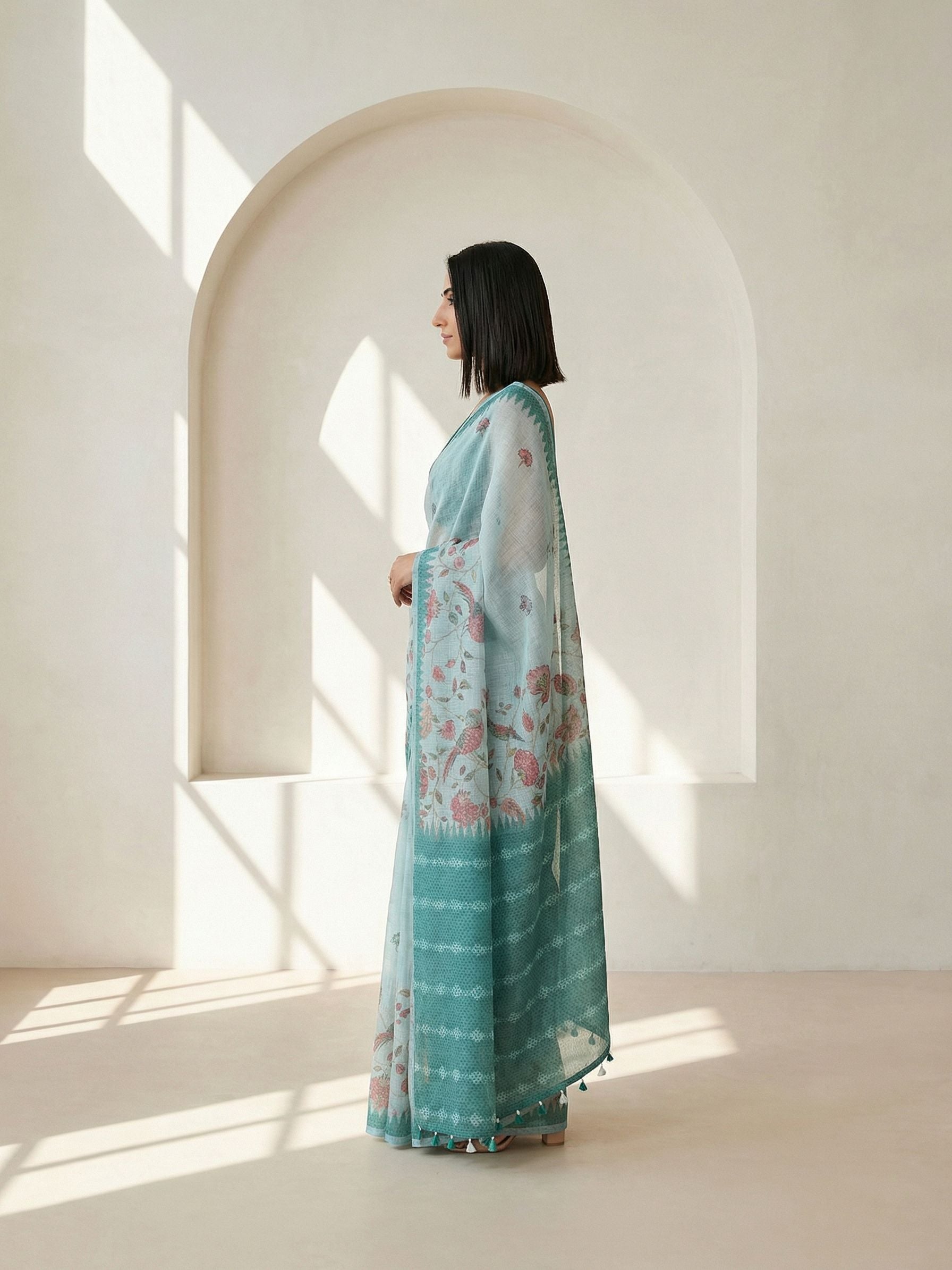 Floral Kota Linen Sea Green saree