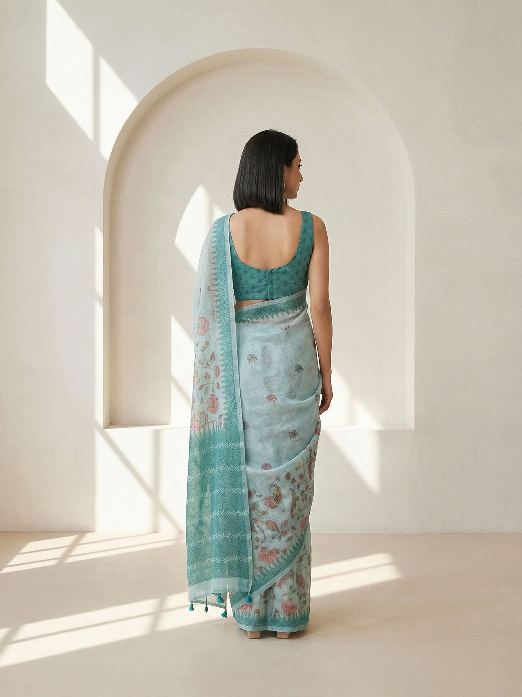 Floral Kota Linen Sea Green saree