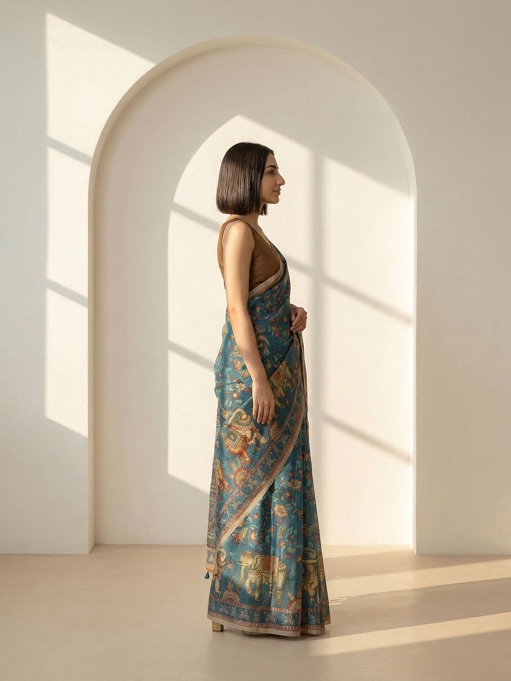 Kalamkari Kota Linen Blue saree