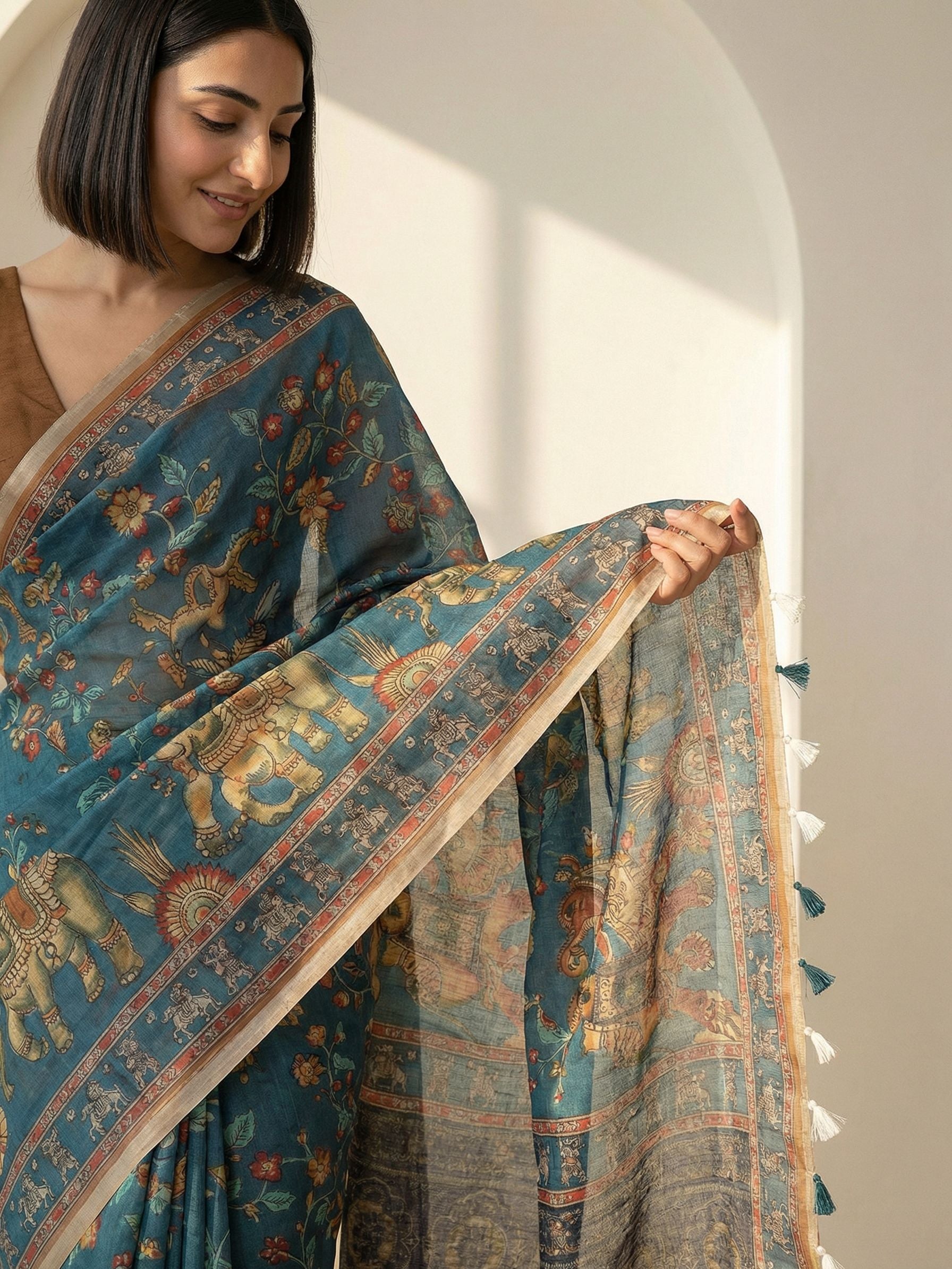 Kalamkari Kota Linen Blue saree