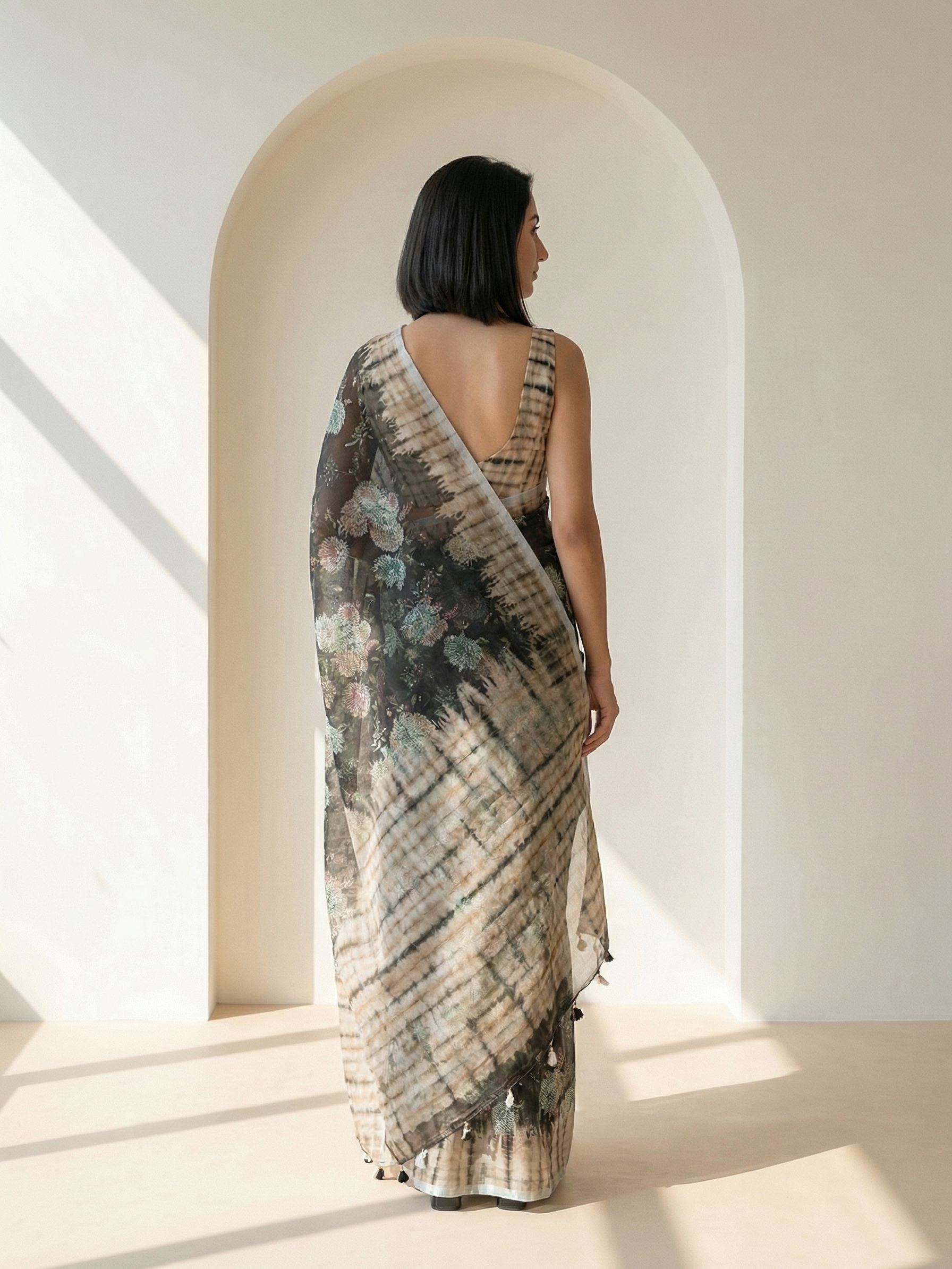 Floral Kota Linen Black Saree