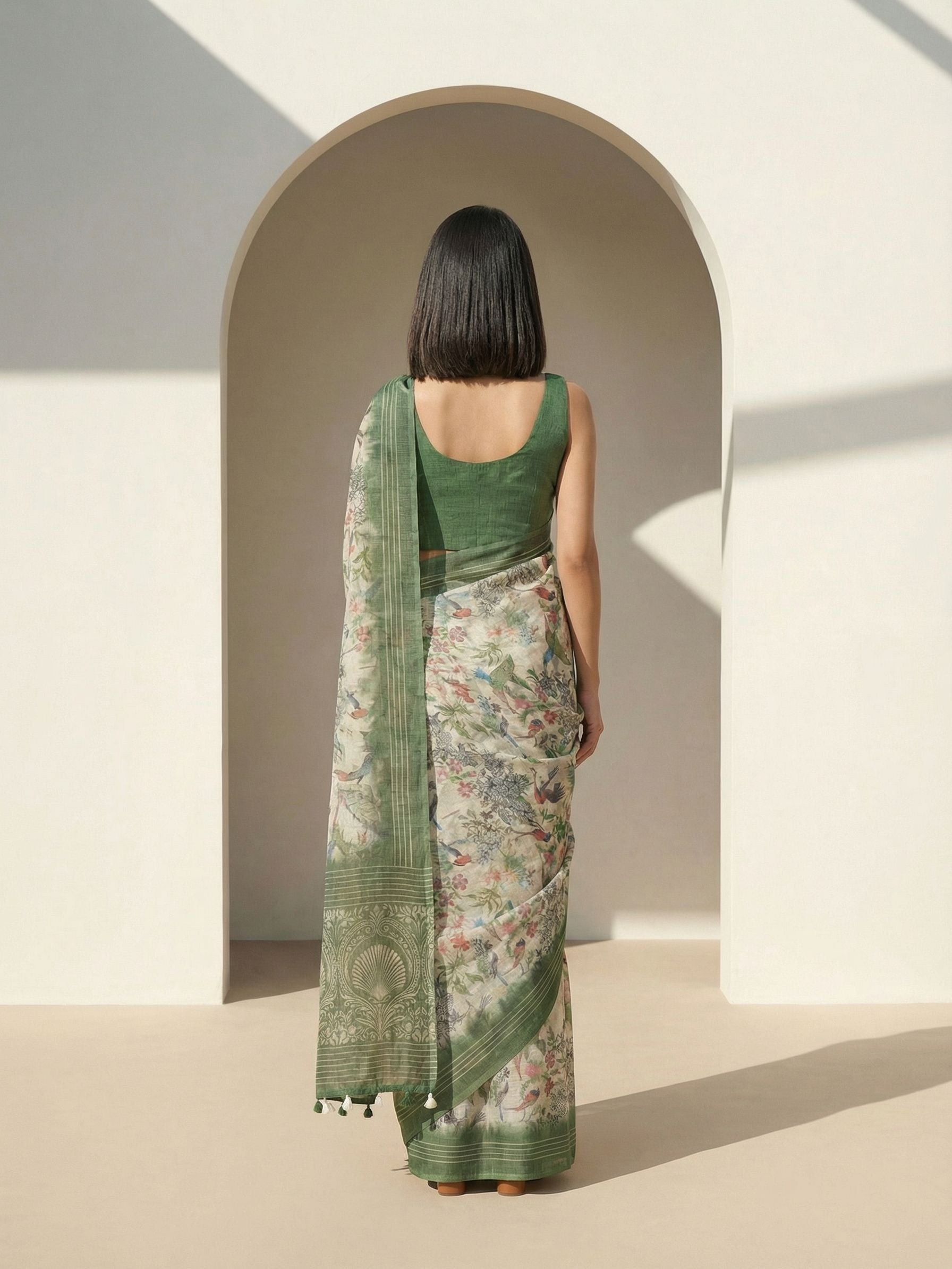 Floral Kota Linen Green Saree