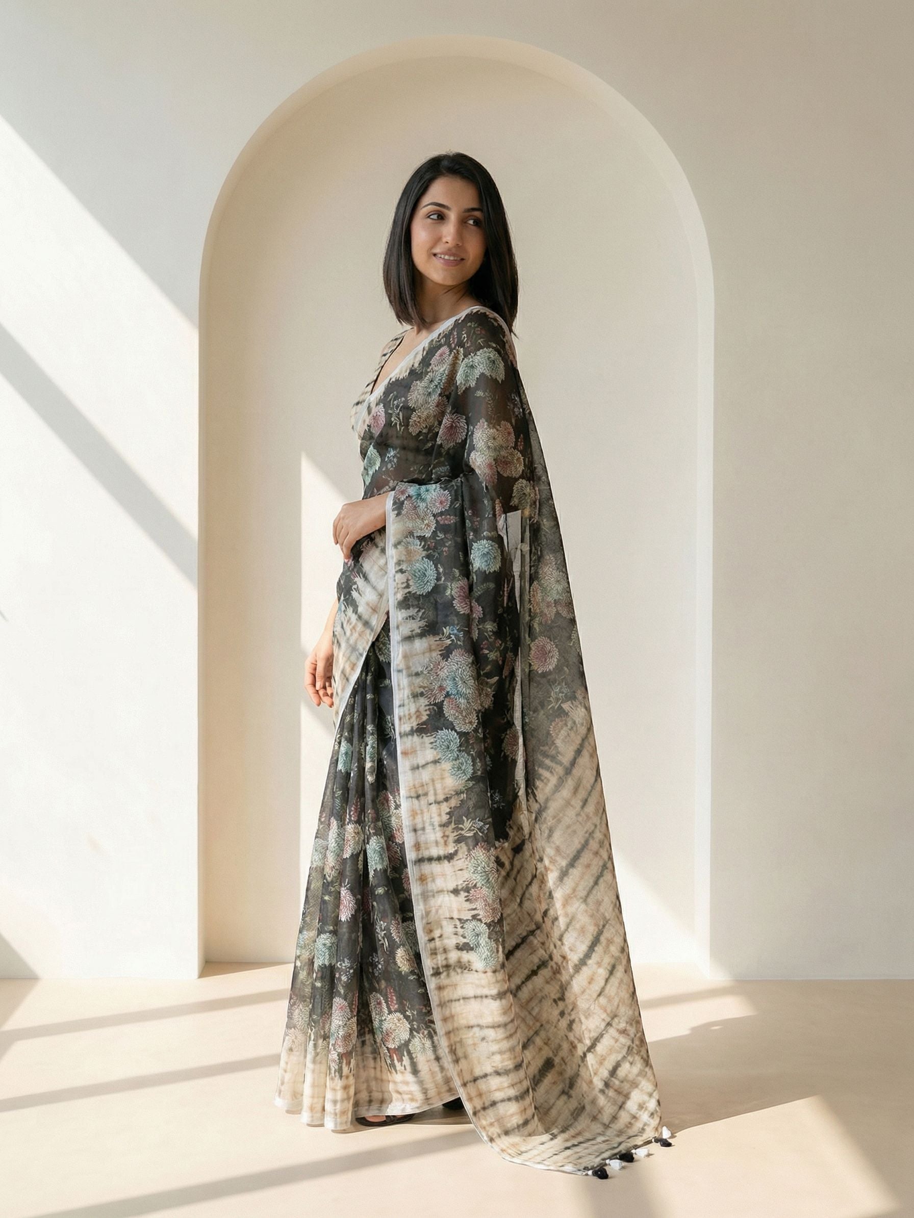 Floral Kota Linen Black Saree