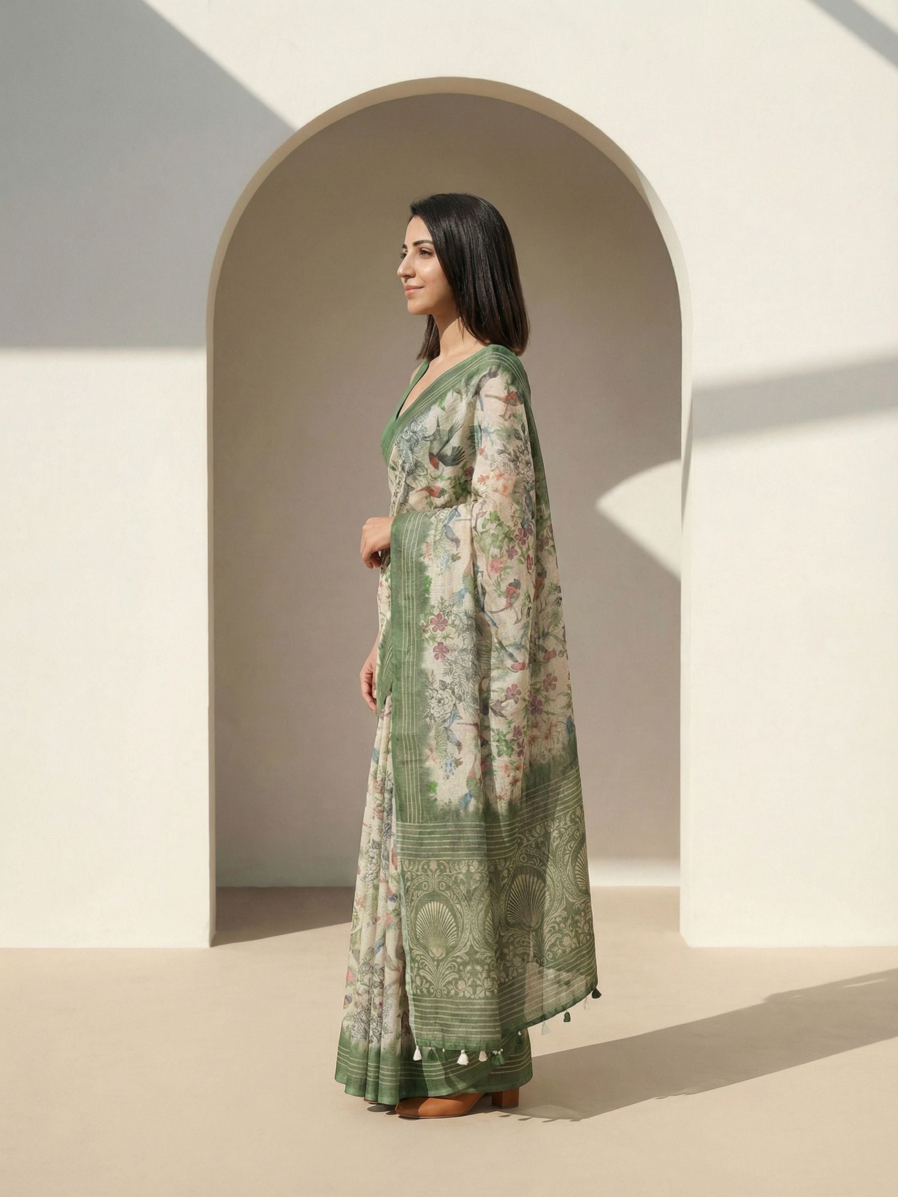 Floral Kota Linen Green Saree