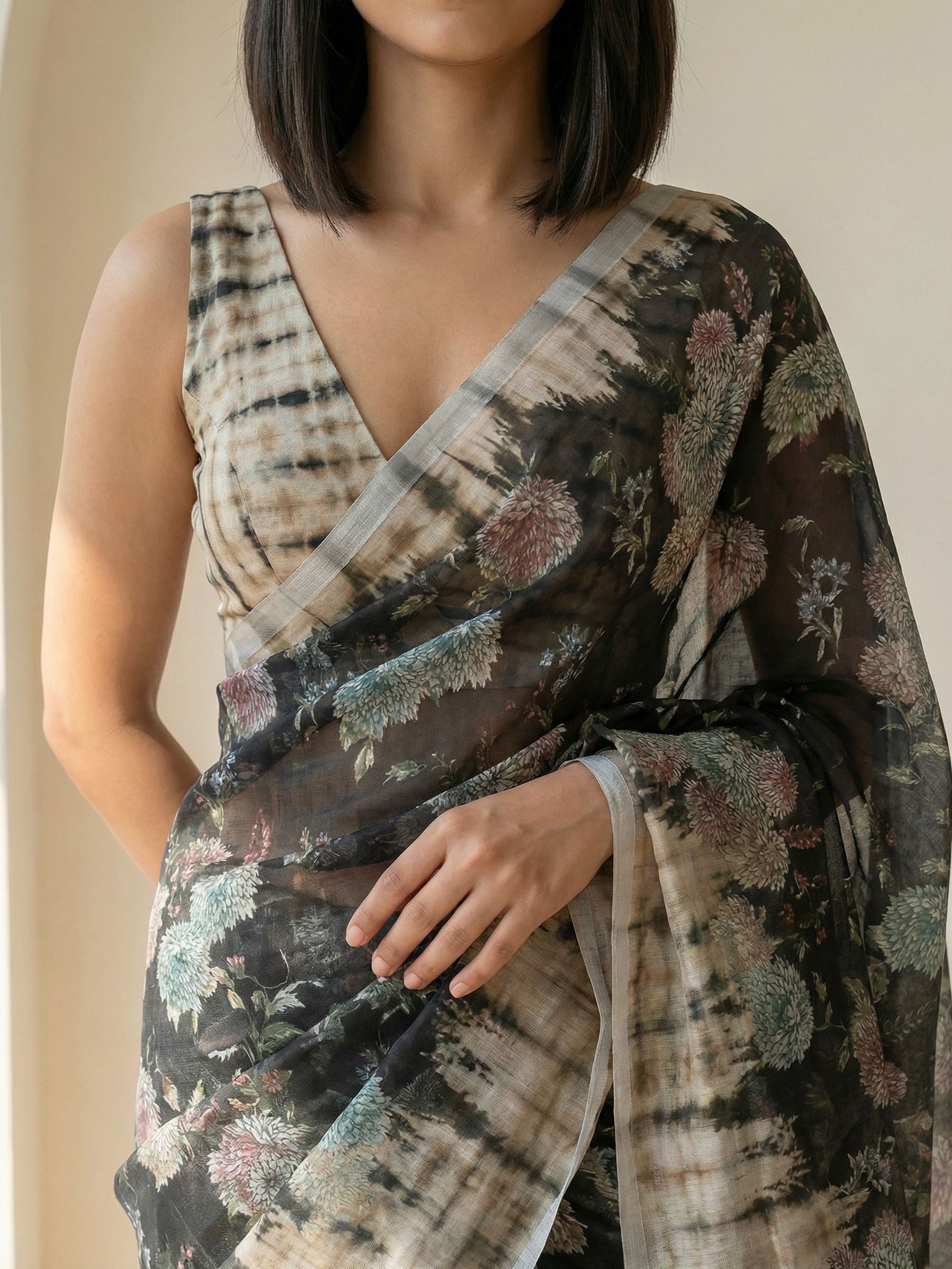 Floral Kota Linen Black Saree