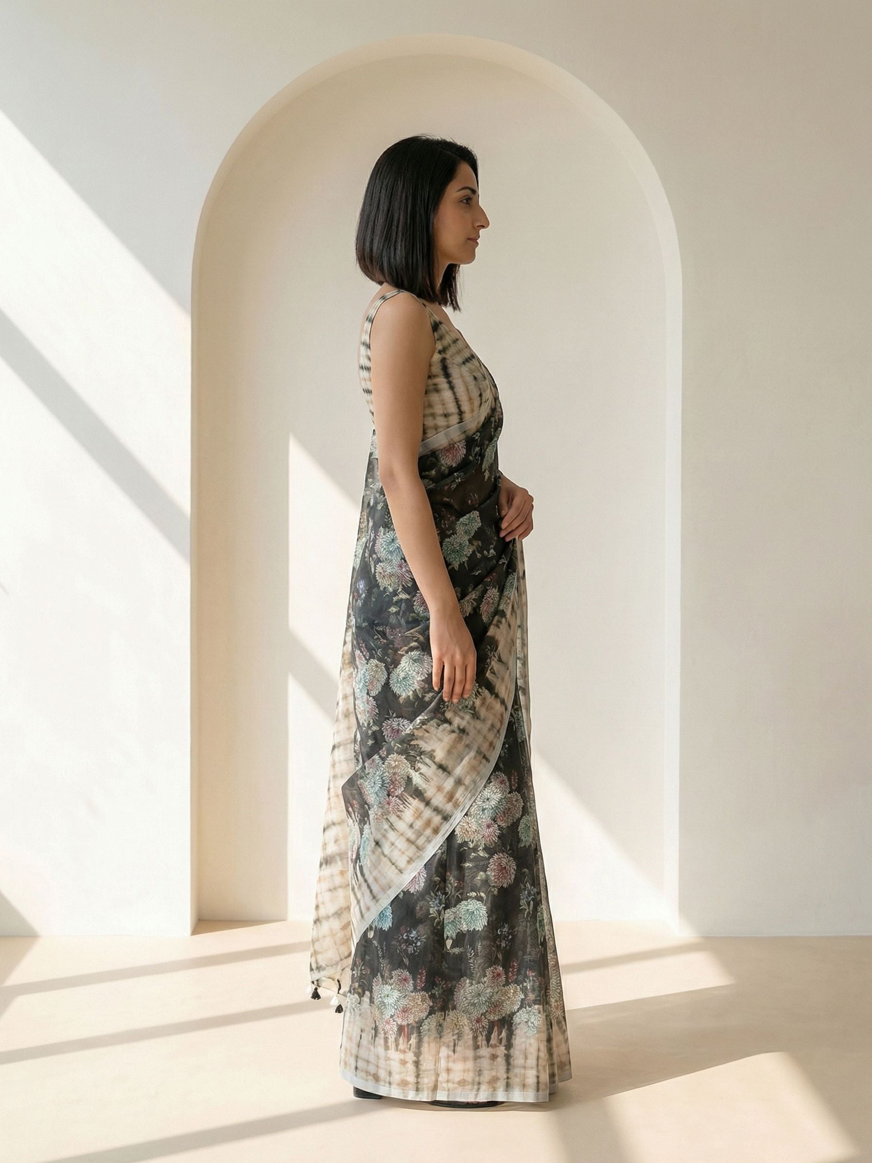 Floral Kota Linen Black Saree