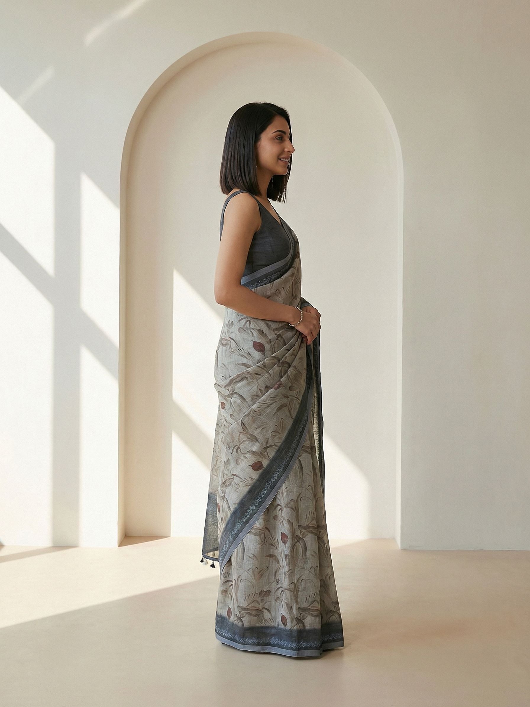 Floral Kota Linen Beige Saree
