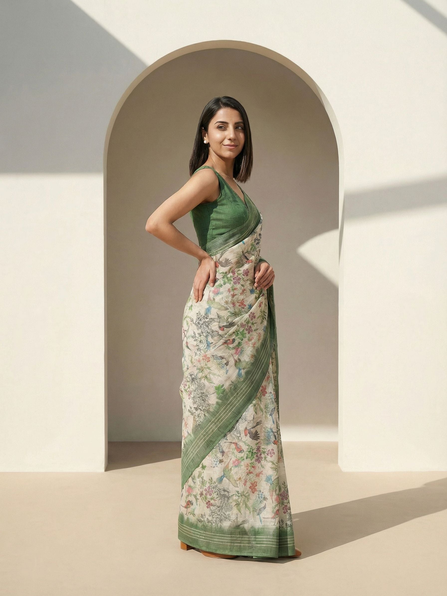 Floral Kota Linen Green Saree