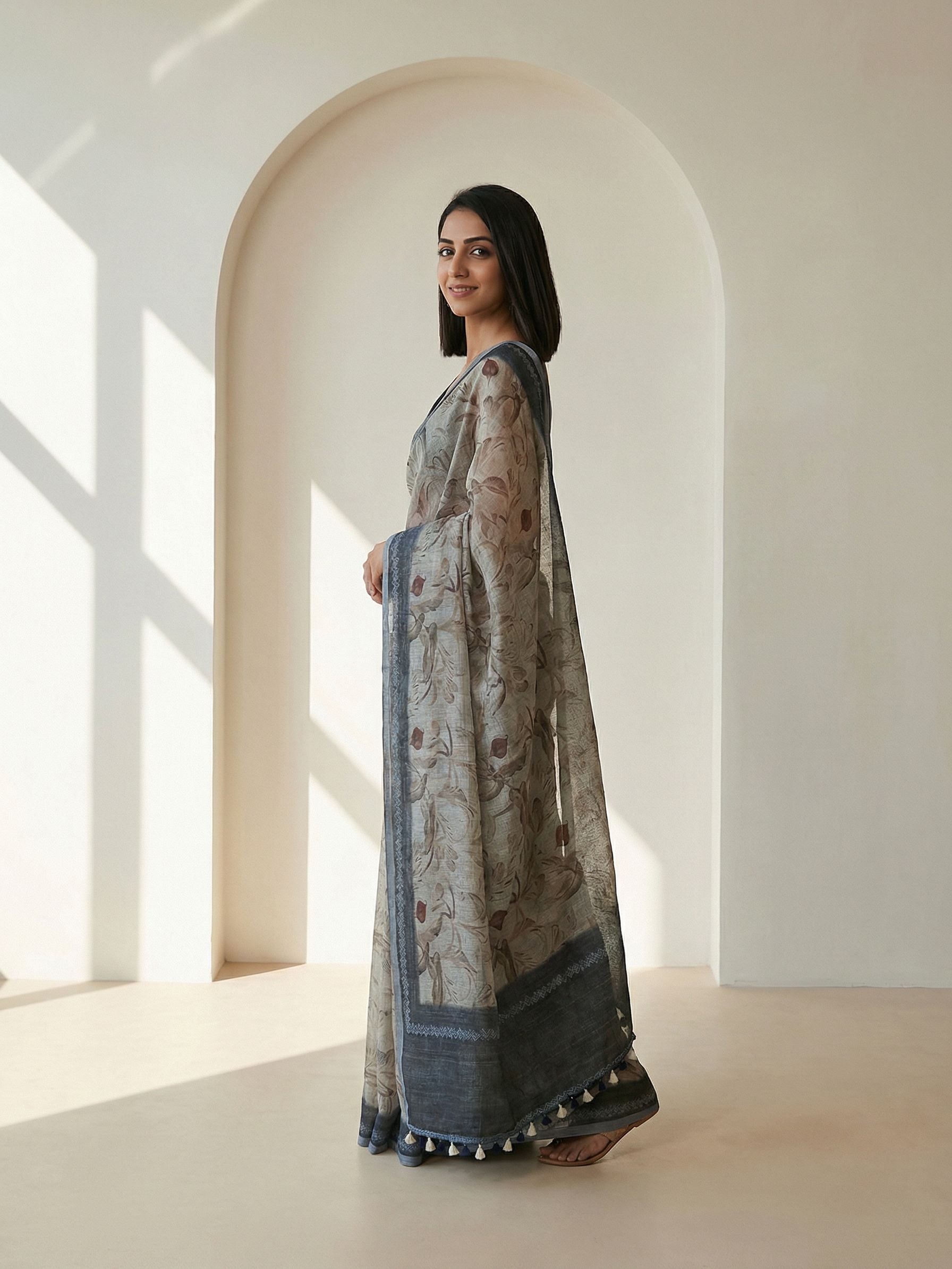 Floral Kota Linen Beige Saree