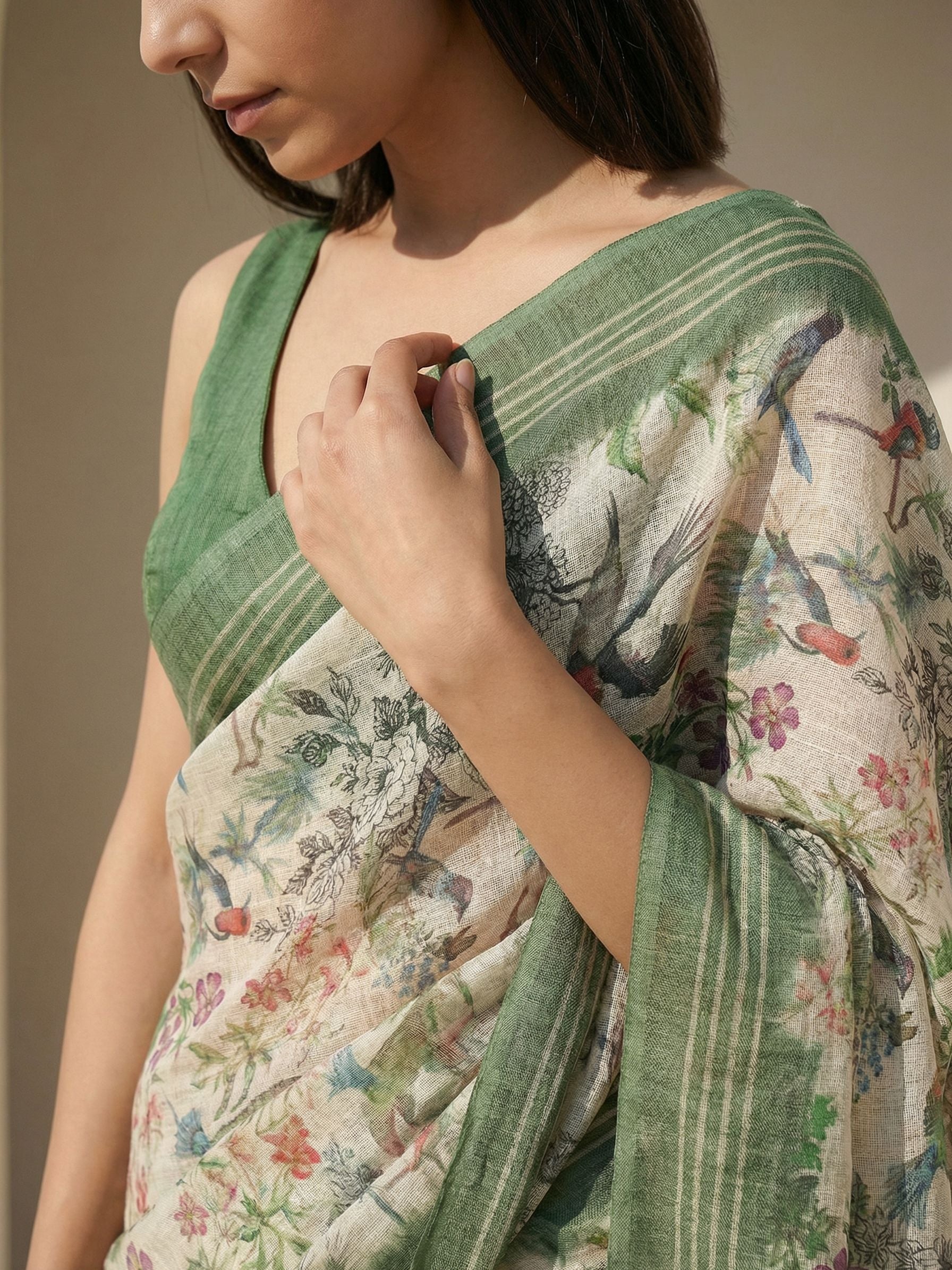 Floral Kota Linen Green Saree