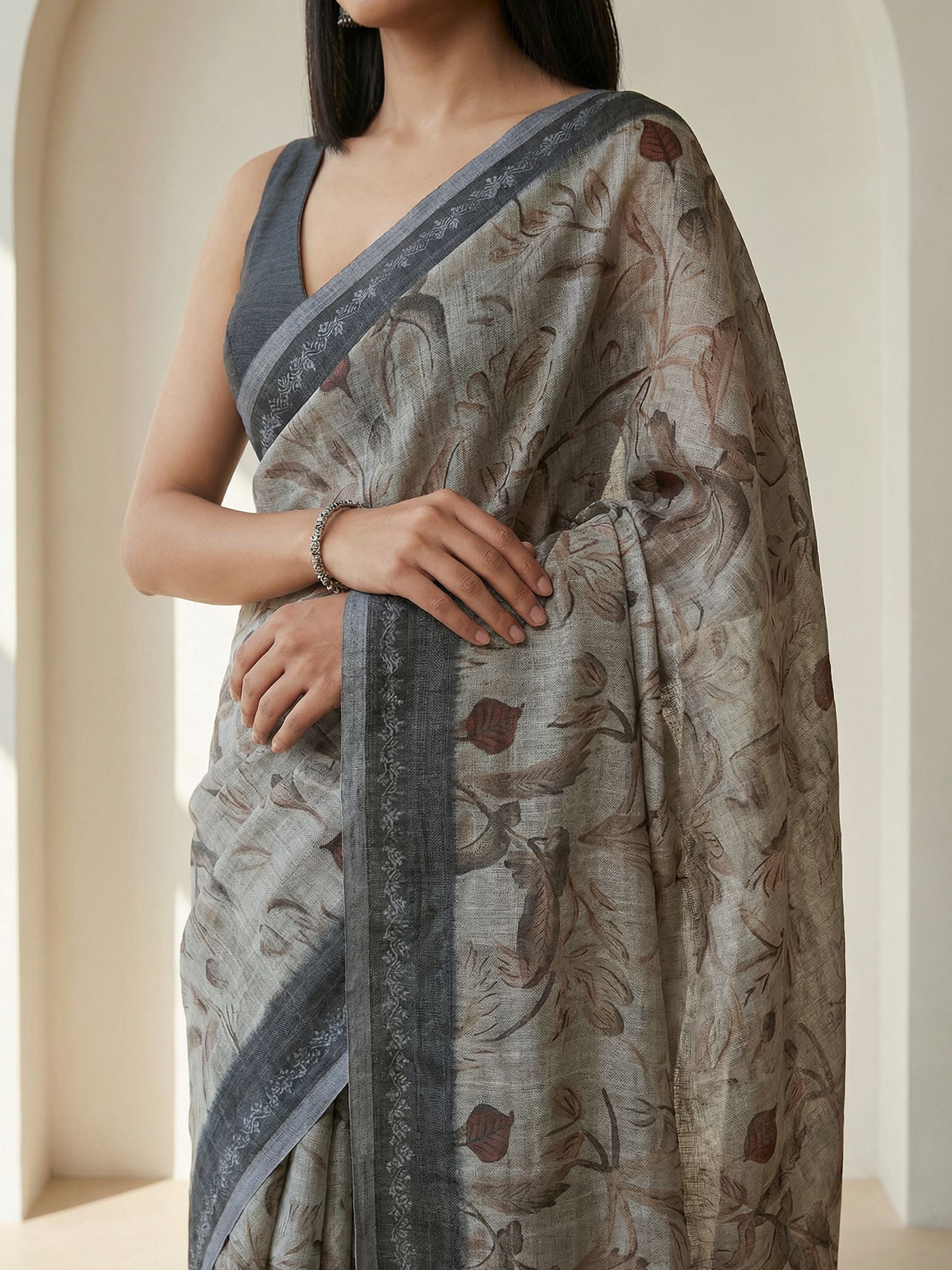 Floral Kota Linen Beige Saree
