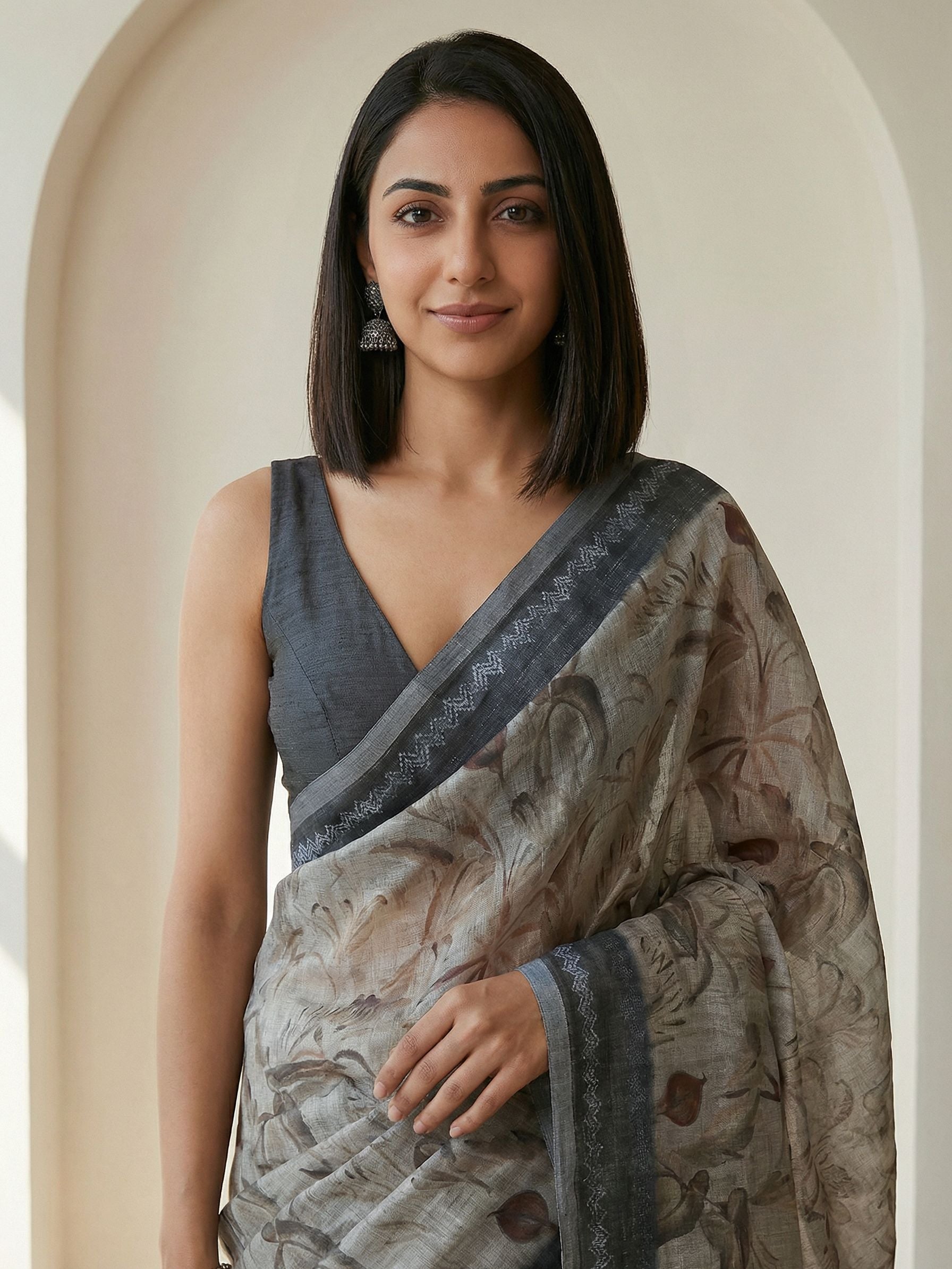 Floral Kota Linen Beige Saree