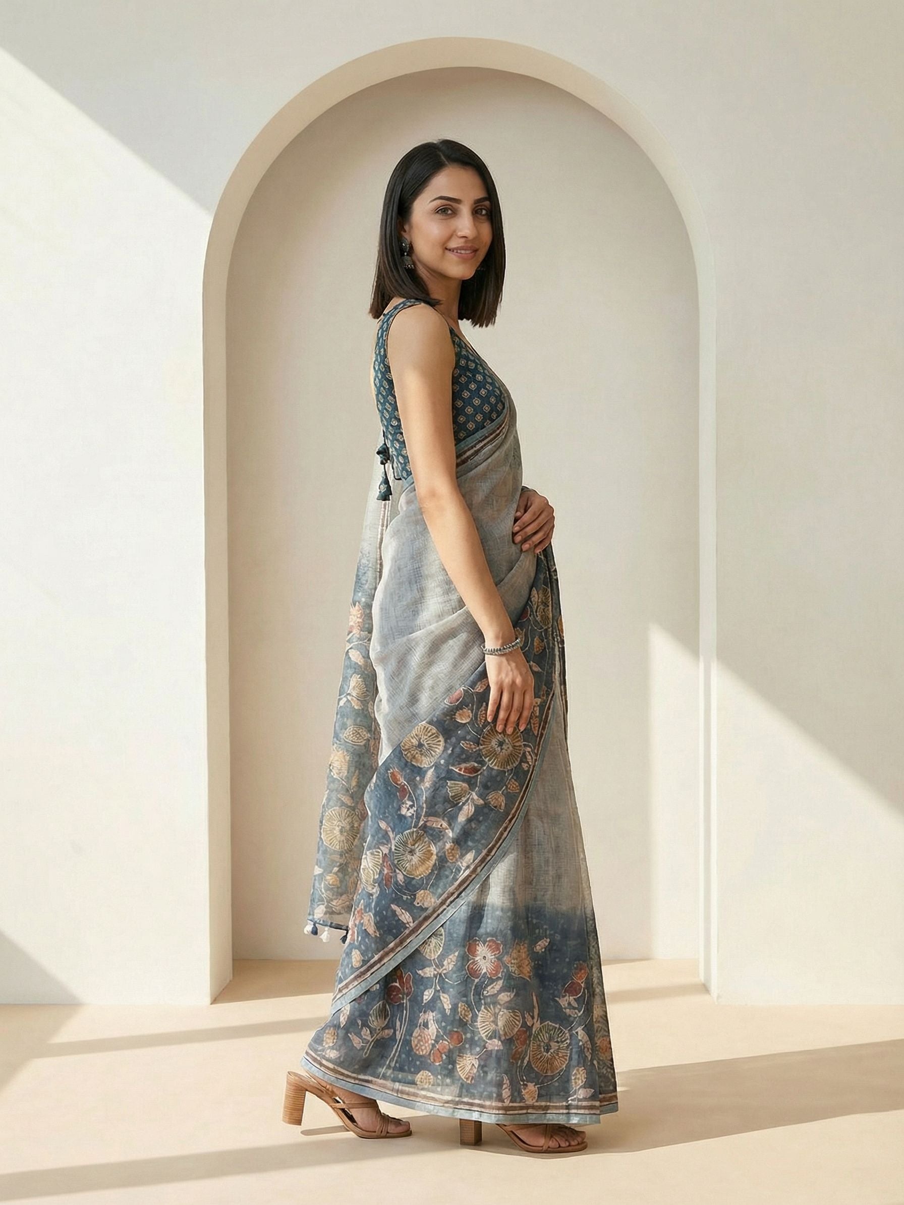 Floral Kota Linen Slate Blue Saree